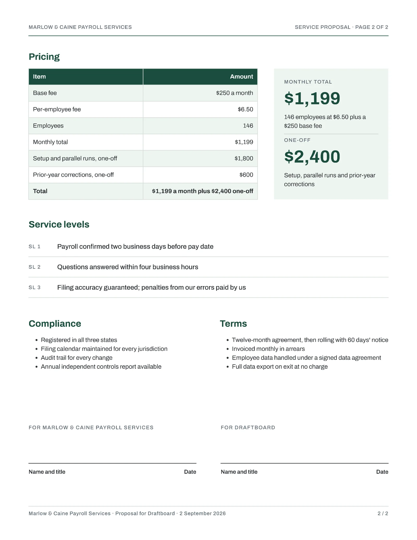 Corporate Payroll Outsourcing Proposal — 2-page Proposal template, page 2 of 2