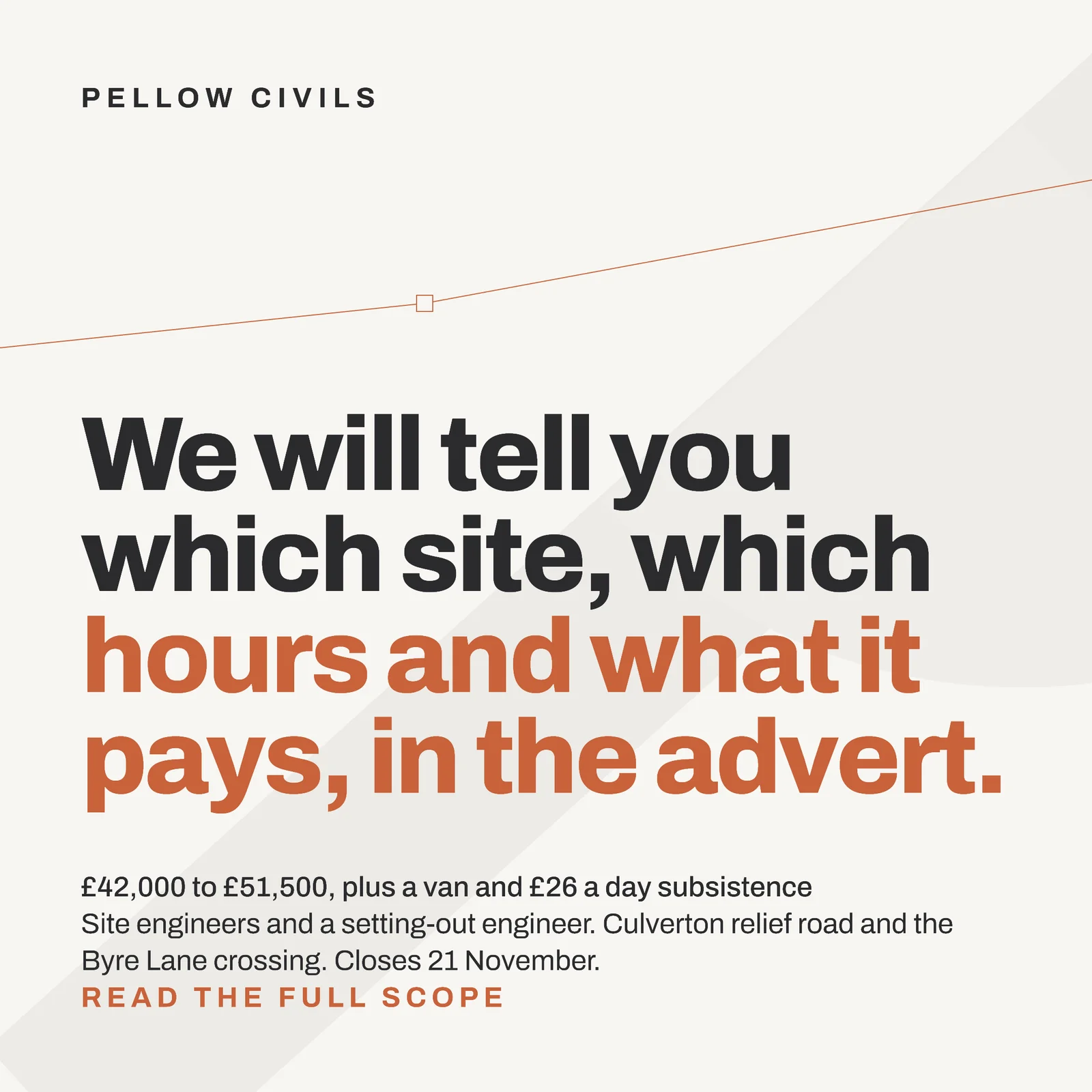 Site engineer hiring ad — one huge four-line headline — 1:1 LinkedIn ad template