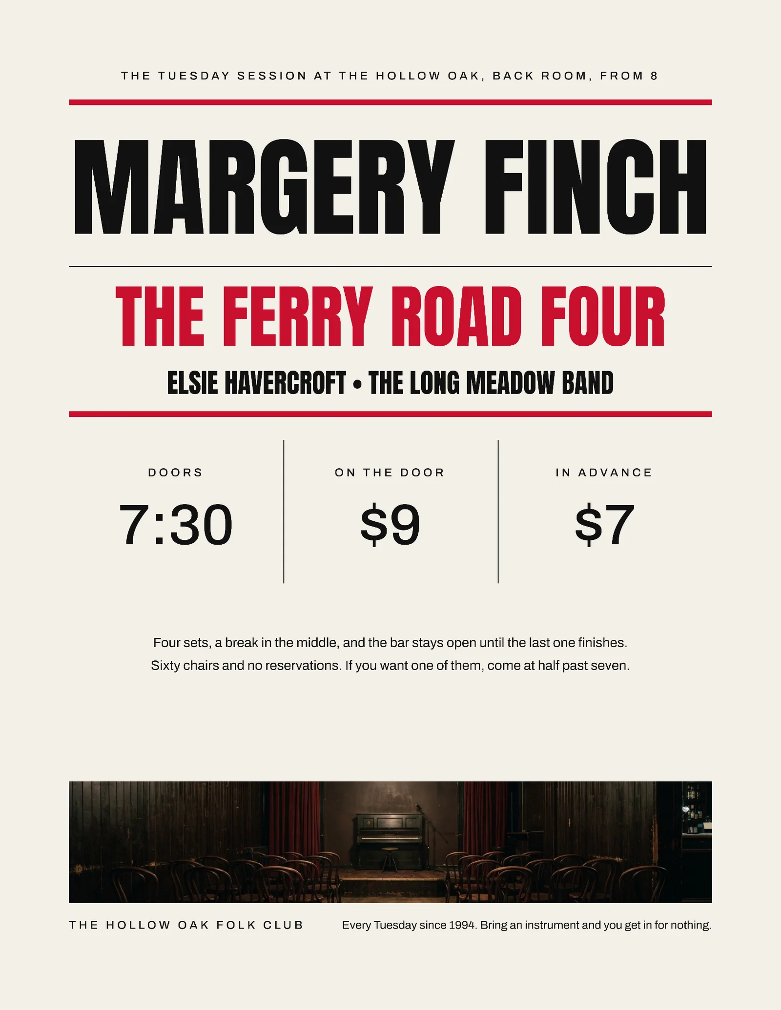 Newsprint Red Concert Bill Folk Club Tuesday Session Flyer — Letter Flyer template