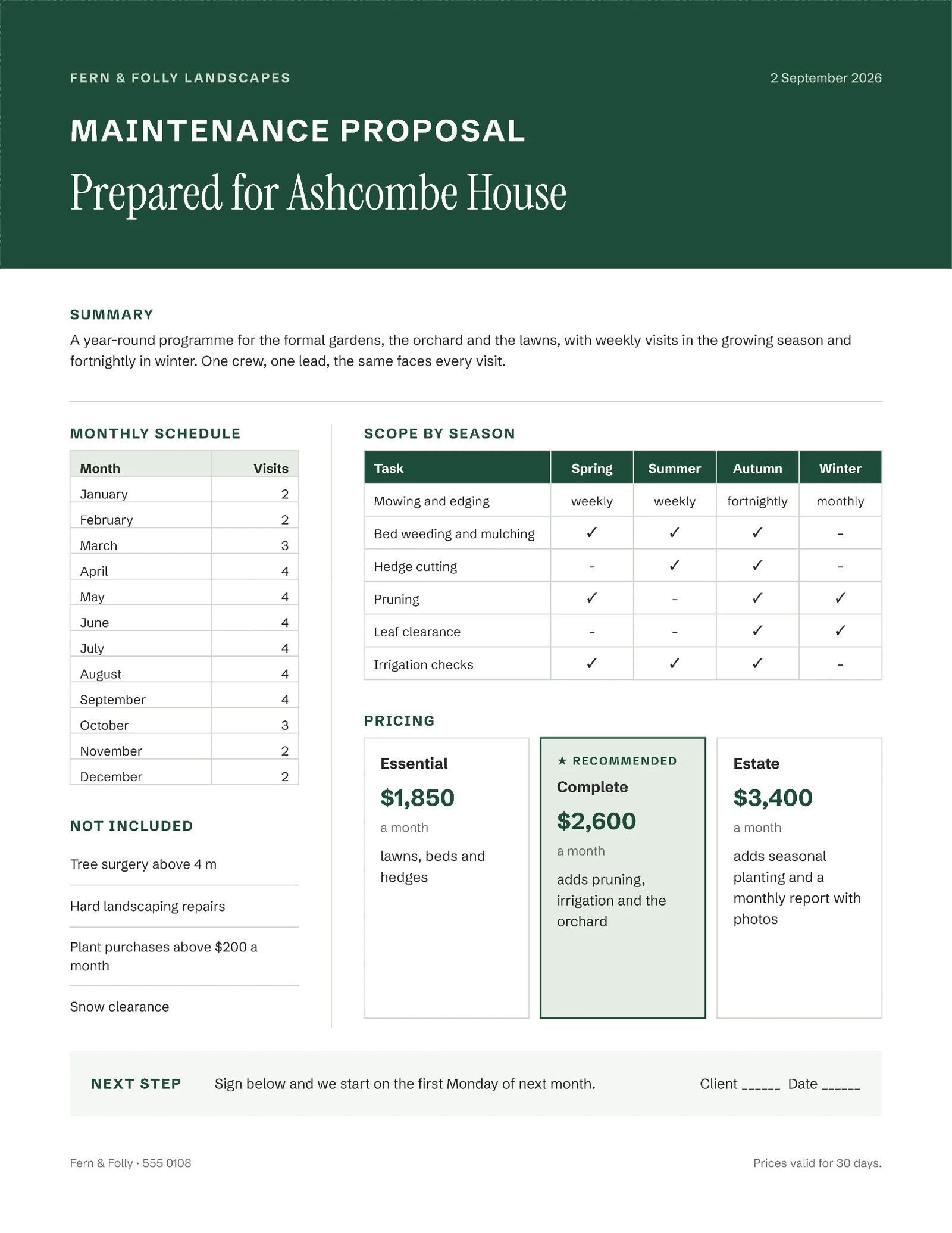 Proposal Scope Landscape Maintenance Sheet — 2-page One pager template, page 2 of 2