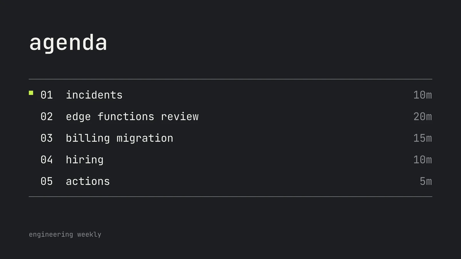 Numbered Mono Agenda Slide — 16:9 Slide template
