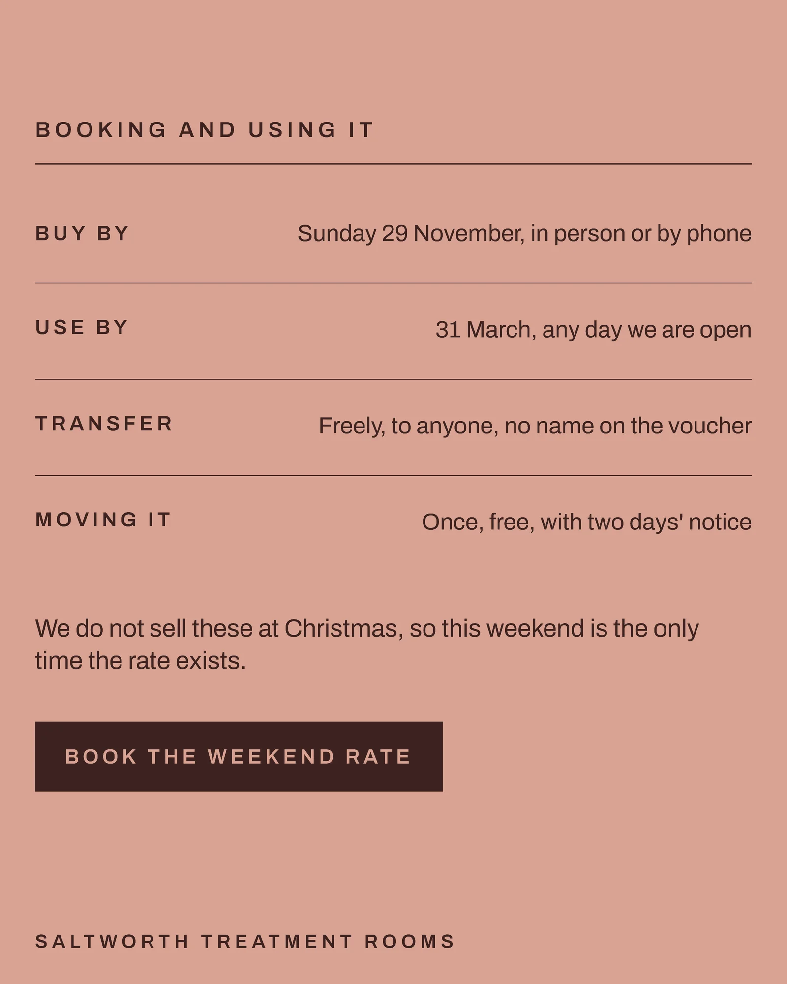 Clay Stacked Thirds Treatment Rooms Black Friday Rate Instagram Carousel — 4-panel Instagram carousel carousel template, page 4 of 4