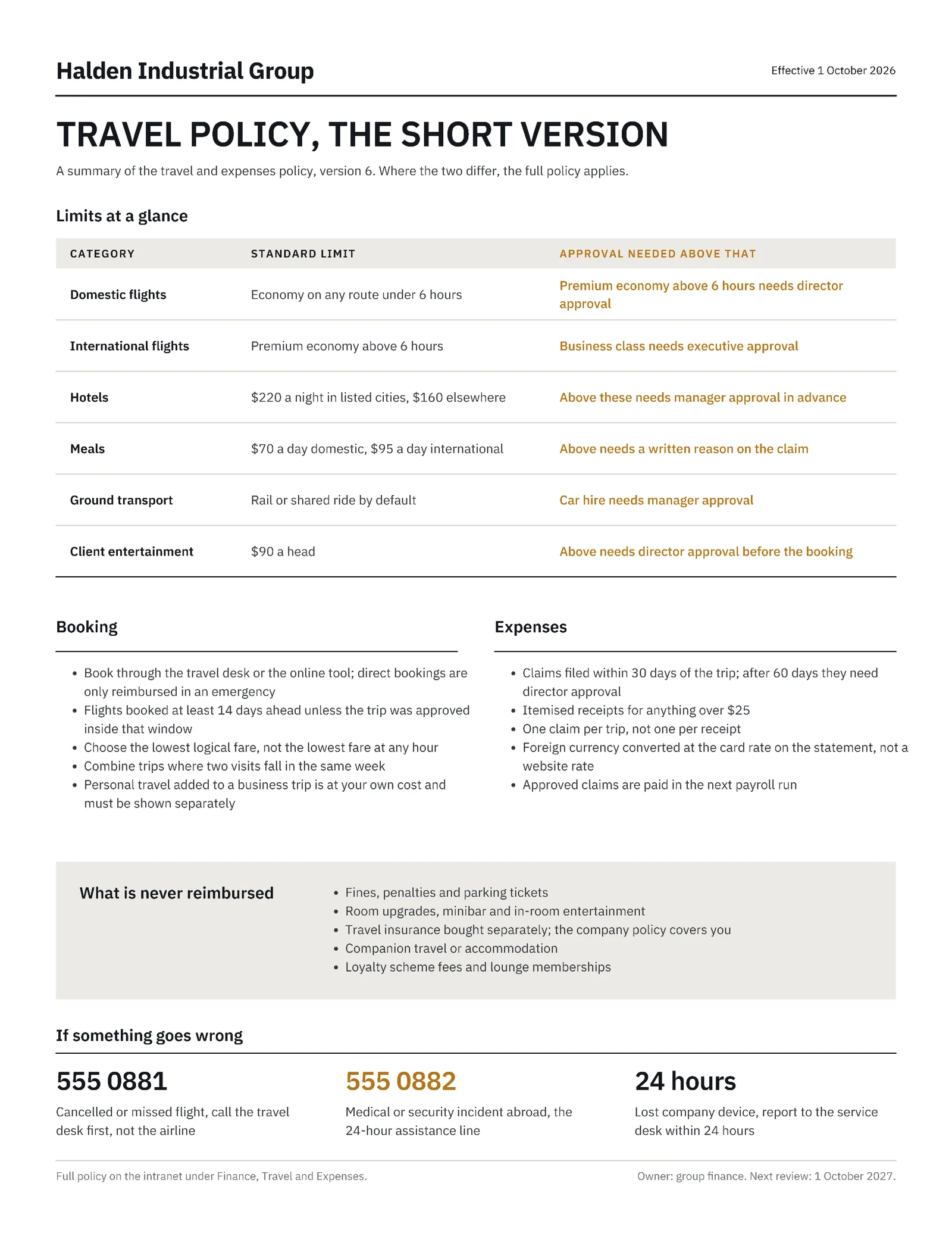 Stone Policy Summary Corporate Travel One Pager — 2-page One pager template, page 1 of 2