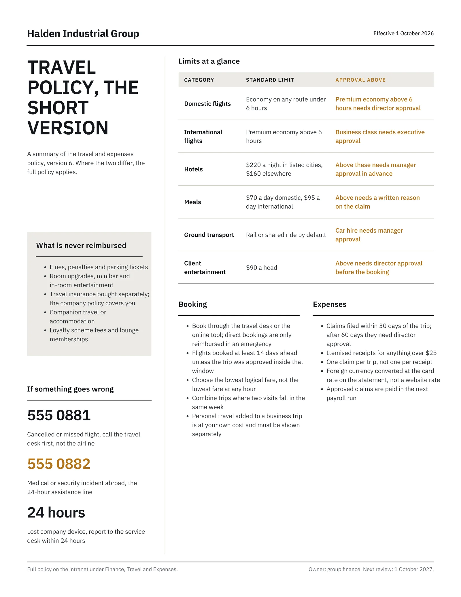 Stone Policy Summary Corporate Travel One Pager — 2-page One pager template, page 2 of 2