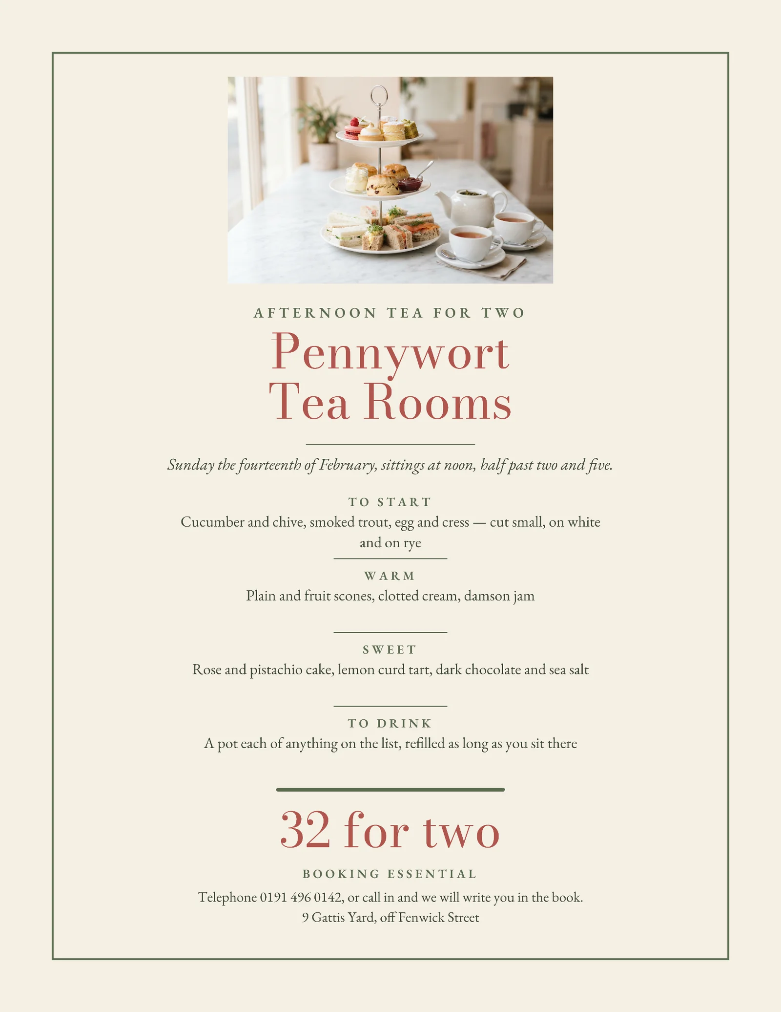 Sage Cream Soft Red Centred Bill Of Fare Tea Rooms Valentine's Afternoon Tea Flyer — Letter Flyer template