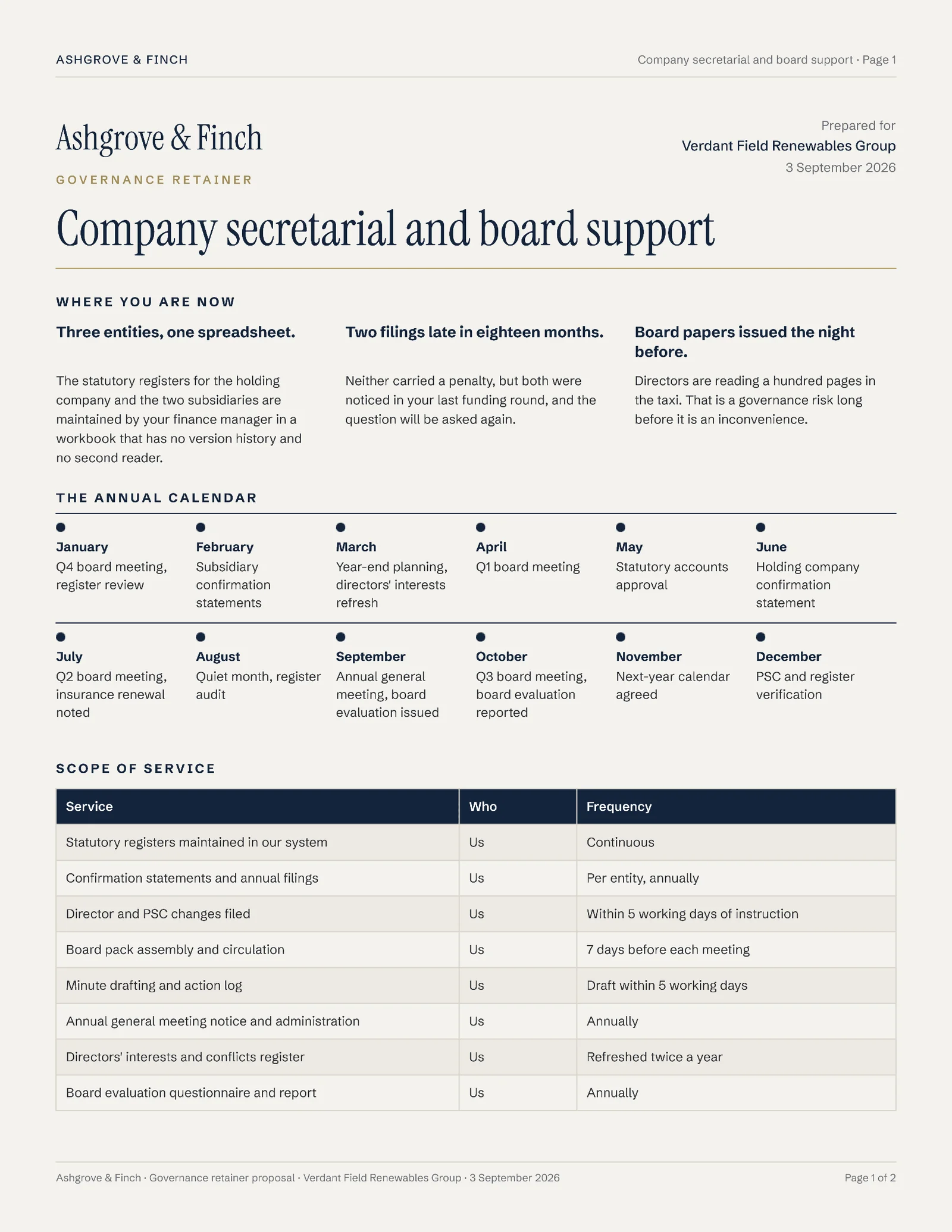 Navy Stone Governance Retainer Company Secretarial Proposal — 2-page Proposal template, page 1 of 2