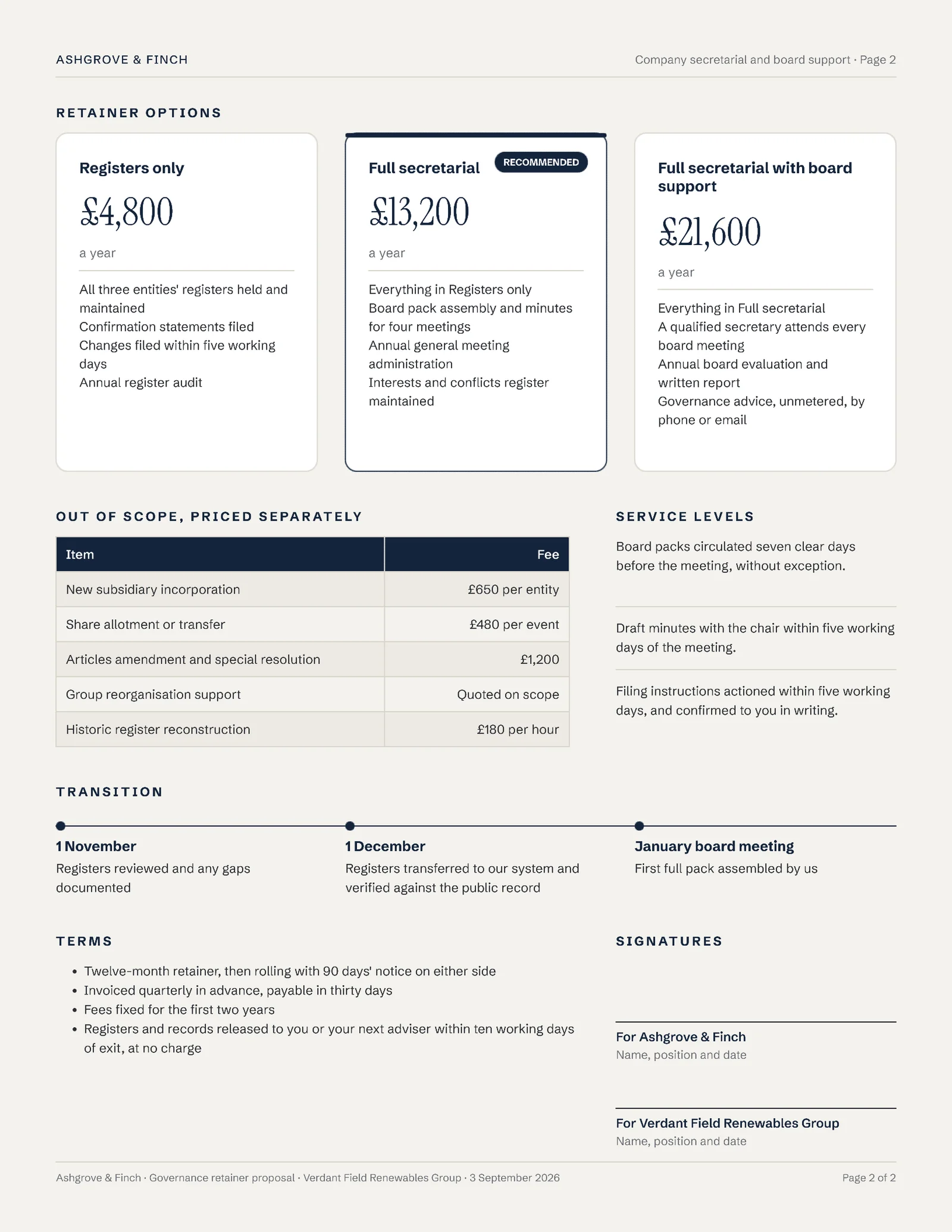 Navy Stone Governance Retainer Company Secretarial Proposal — 2-page Proposal template, page 2 of 2