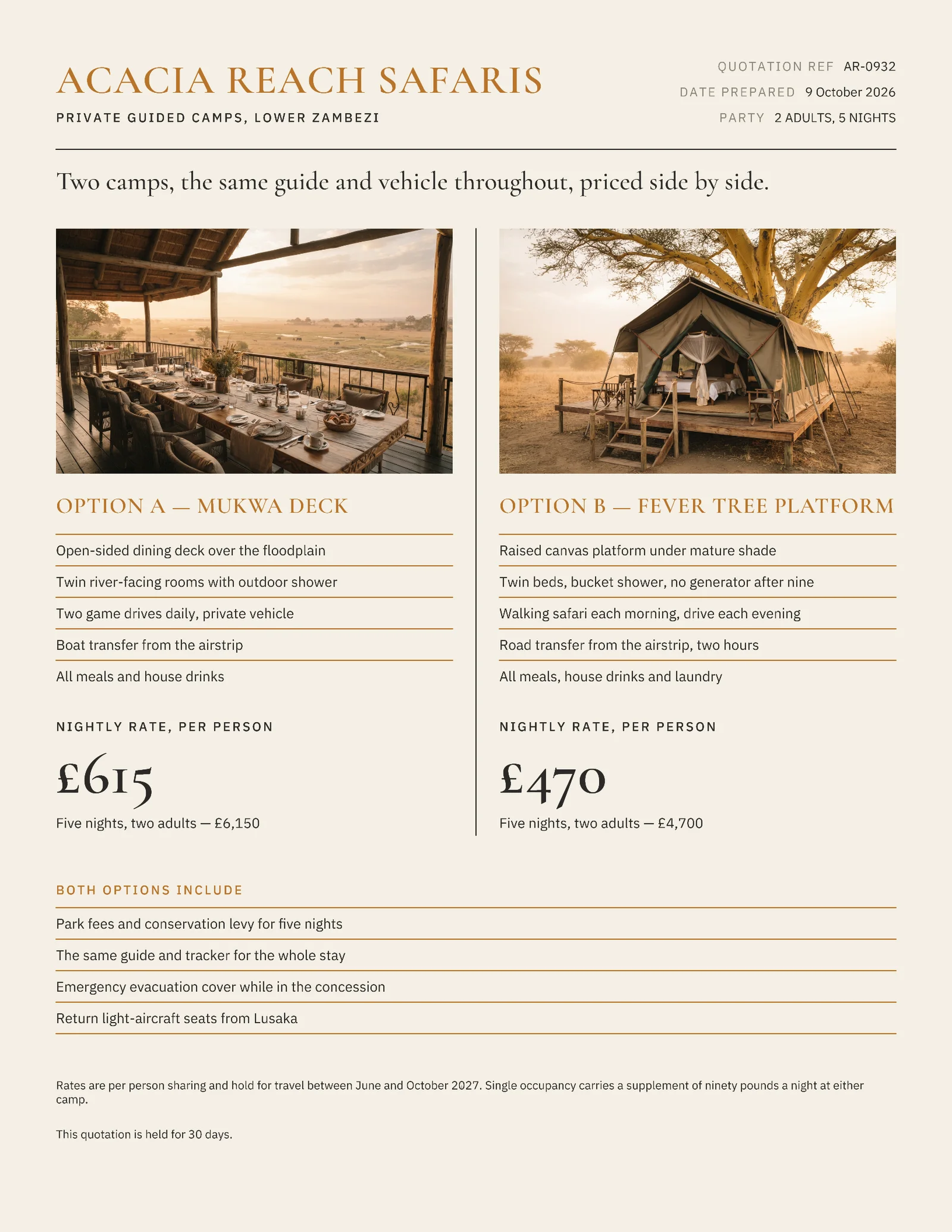 Safari Camp Options Comparison Quote — Letter Quote template