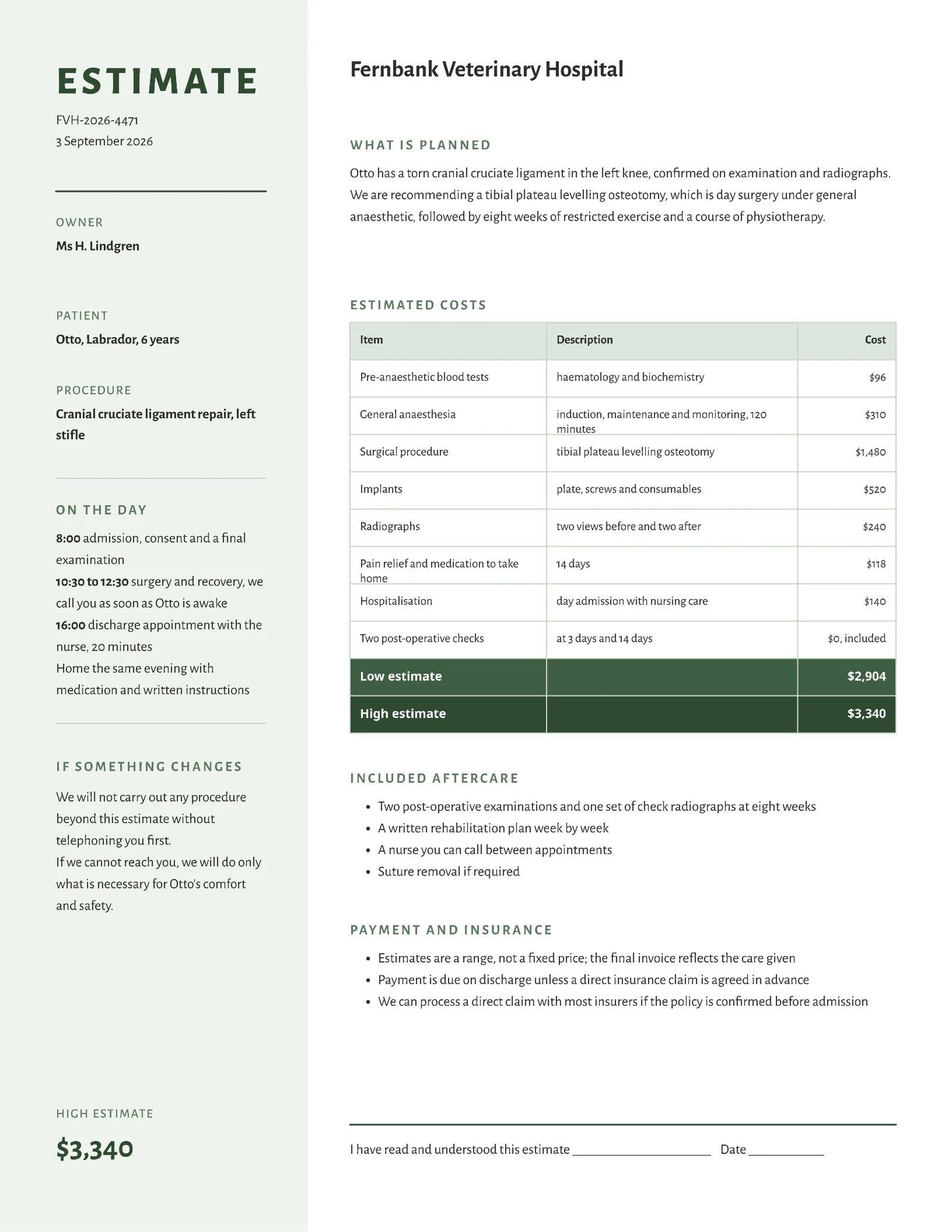 Sage Clinical Veterinary Surgery Estimate Quote — 2-page Quote template, page 2 of 2