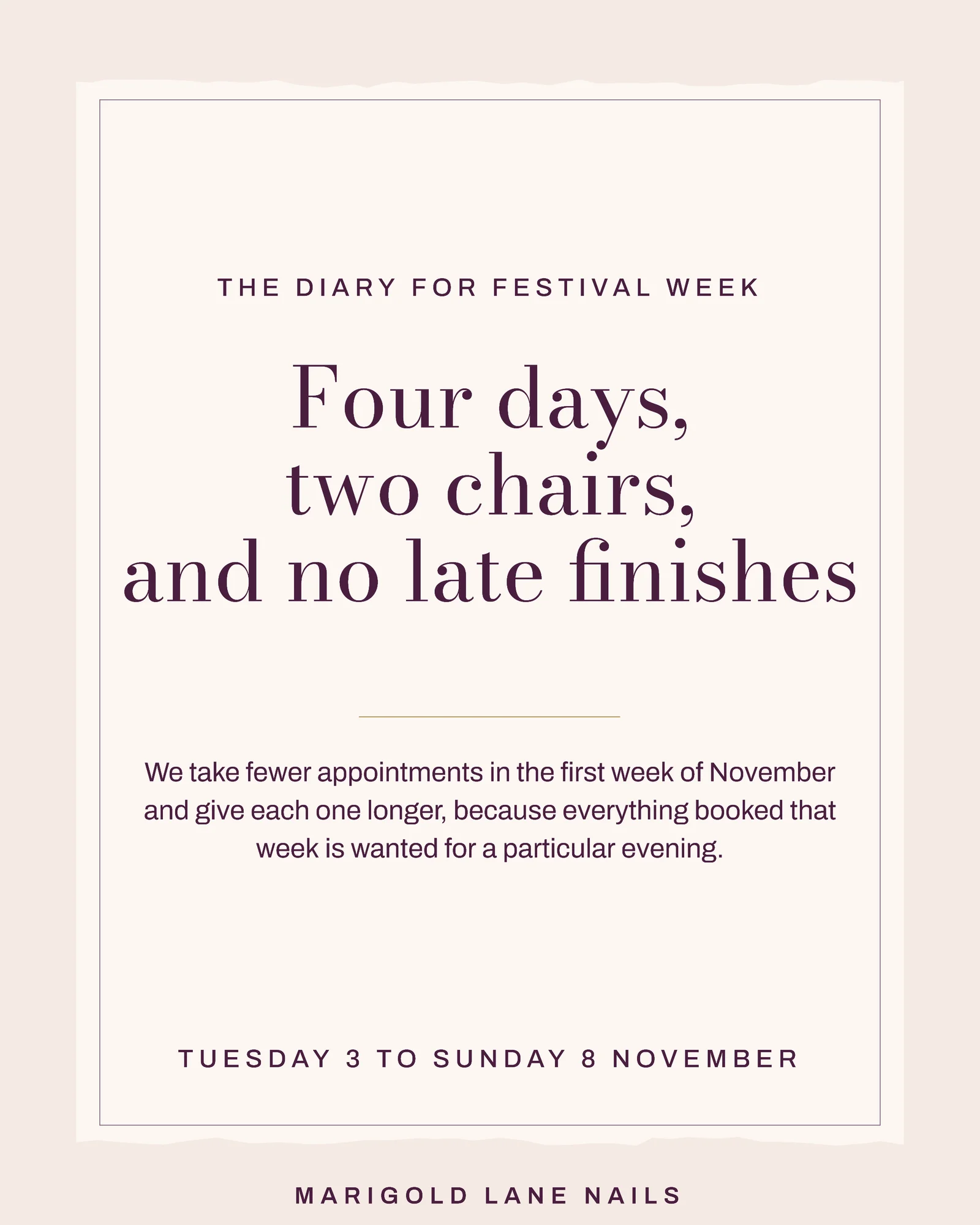 Blush Plum Torn Slip Time Column Nail Salon Diwali Diary Instagram Carousel — 4-panel Instagram carousel carousel template, page 1 of 4