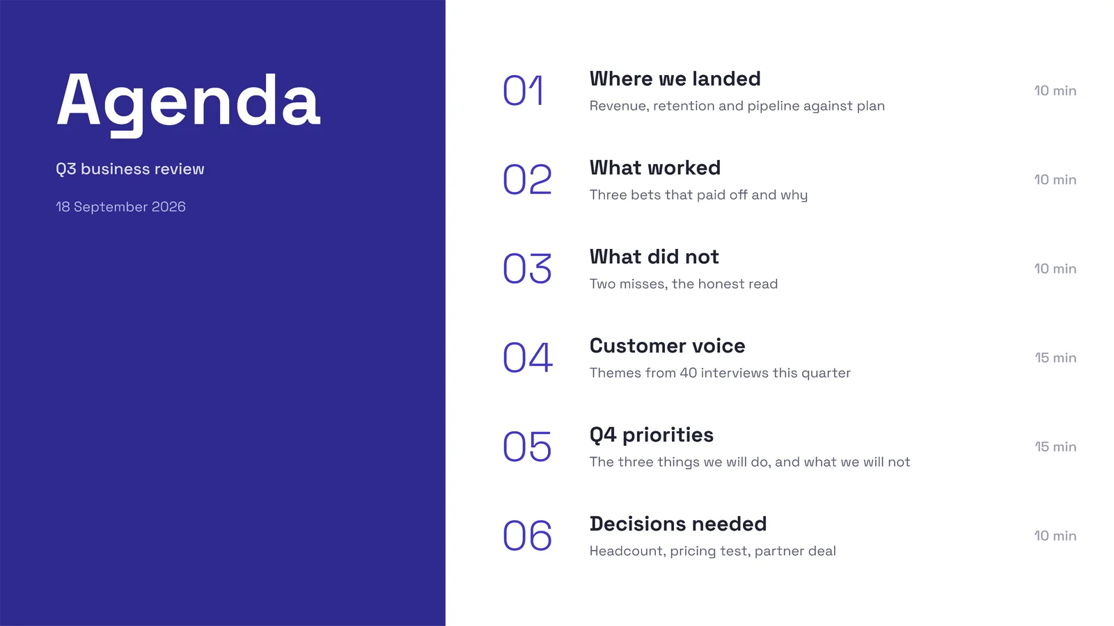 Numbered List Agenda Slide — 16:9 Slide template