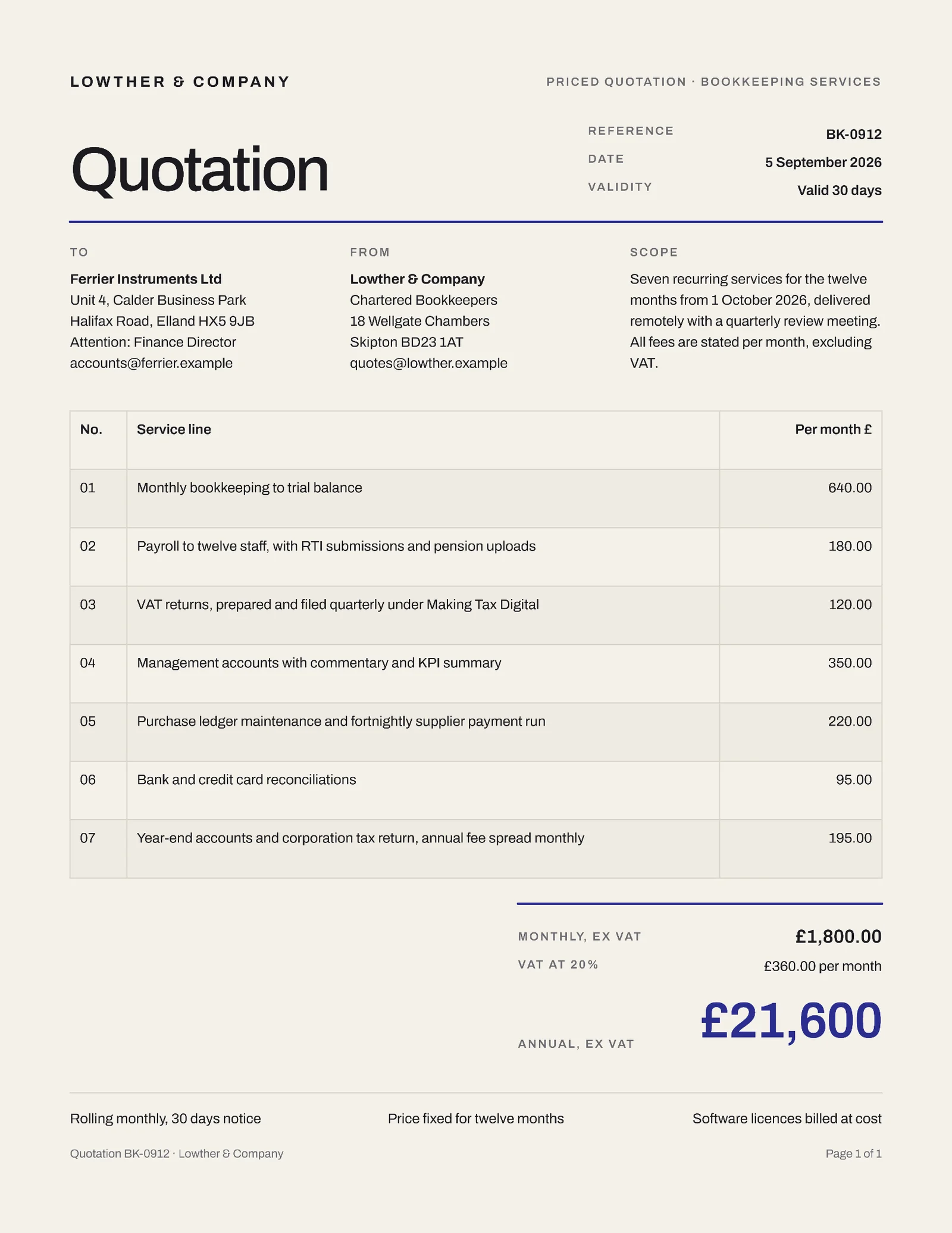 Retained Bookkeeping Quote — 2-page Quote template, page 2 of 2