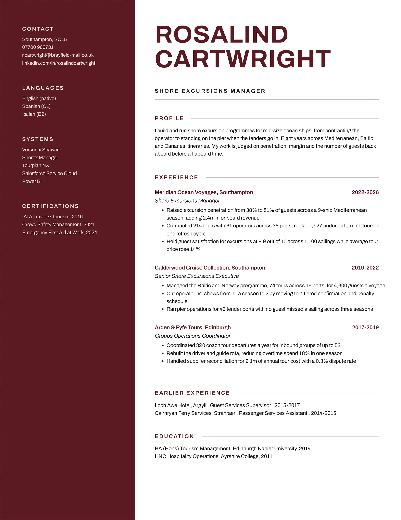 Shore Excursions Manager Two-Column Resume — Letter Resume template
