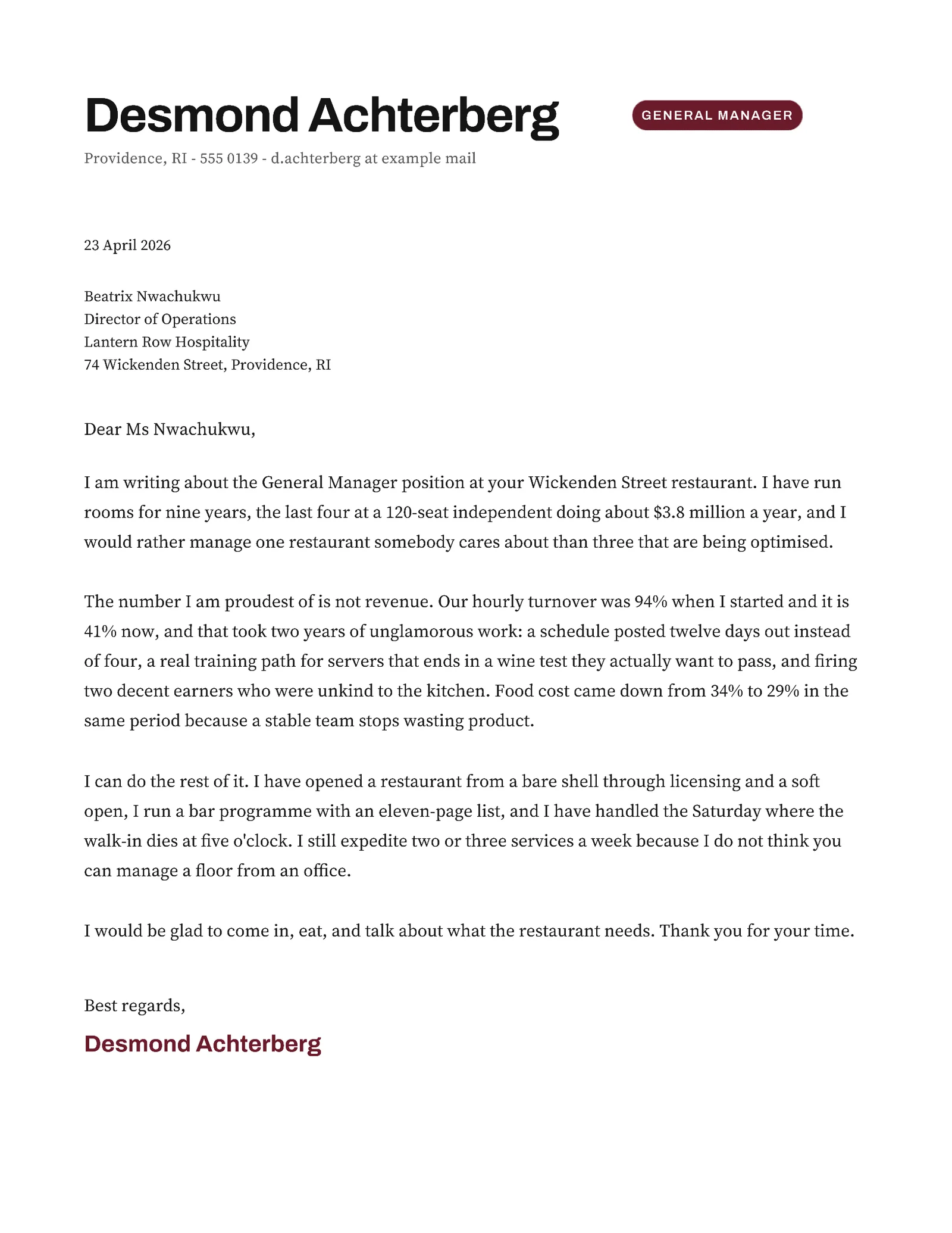 Restaurant Manager Cover Letter — Letter Cover letter template