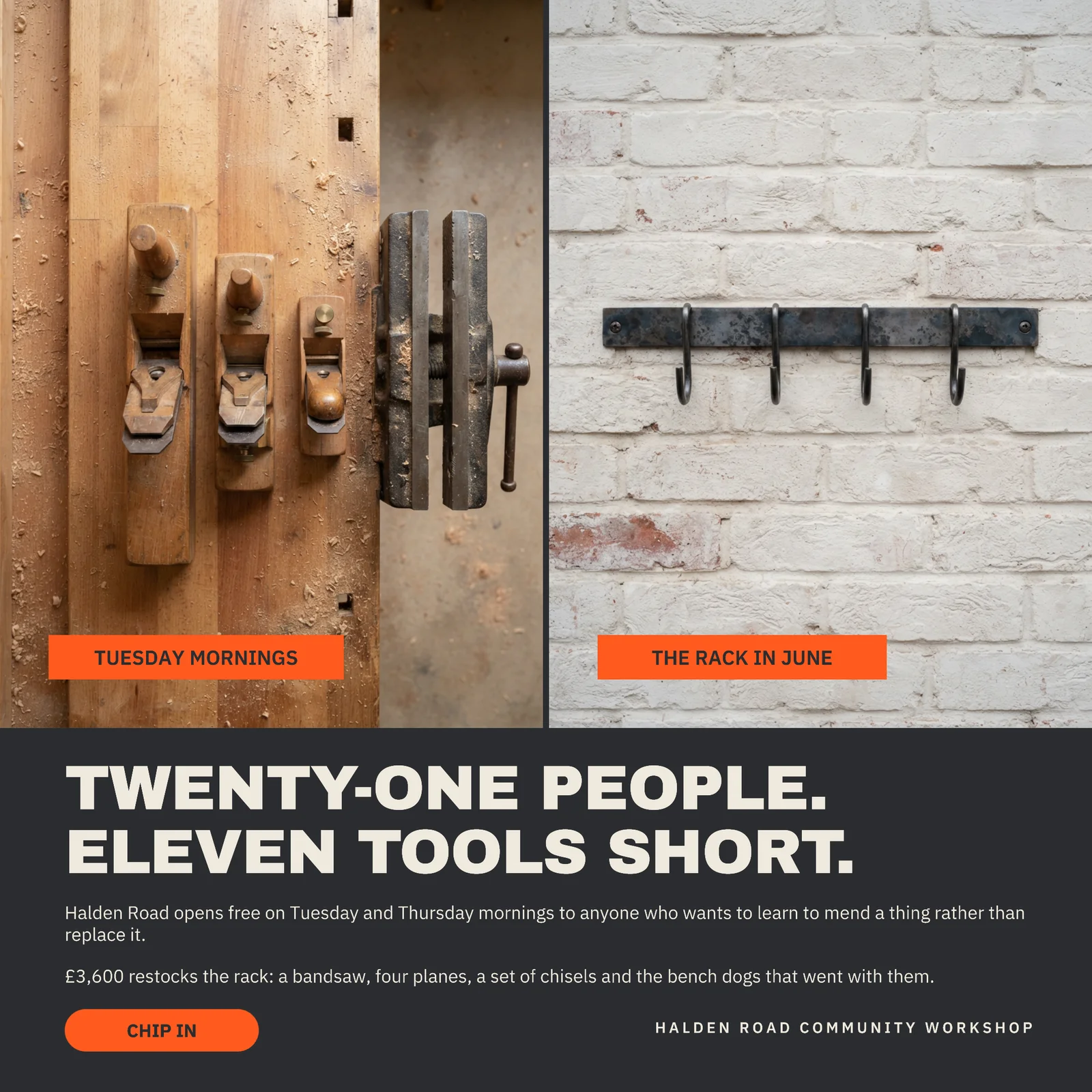 Graphite Safety Orange Two Photo Split Community Workshop Tool Fund Instagram Ad — 1:1 Instagram ad template