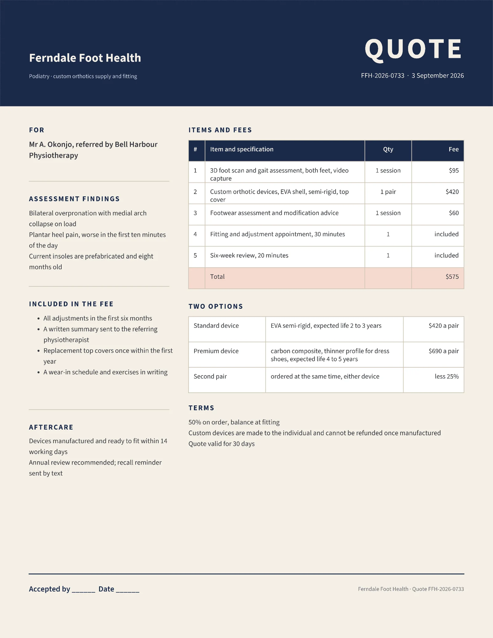 Oat Navy Orthotics Supply Podiatry Quote — 2-page Quote template, page 2 of 2