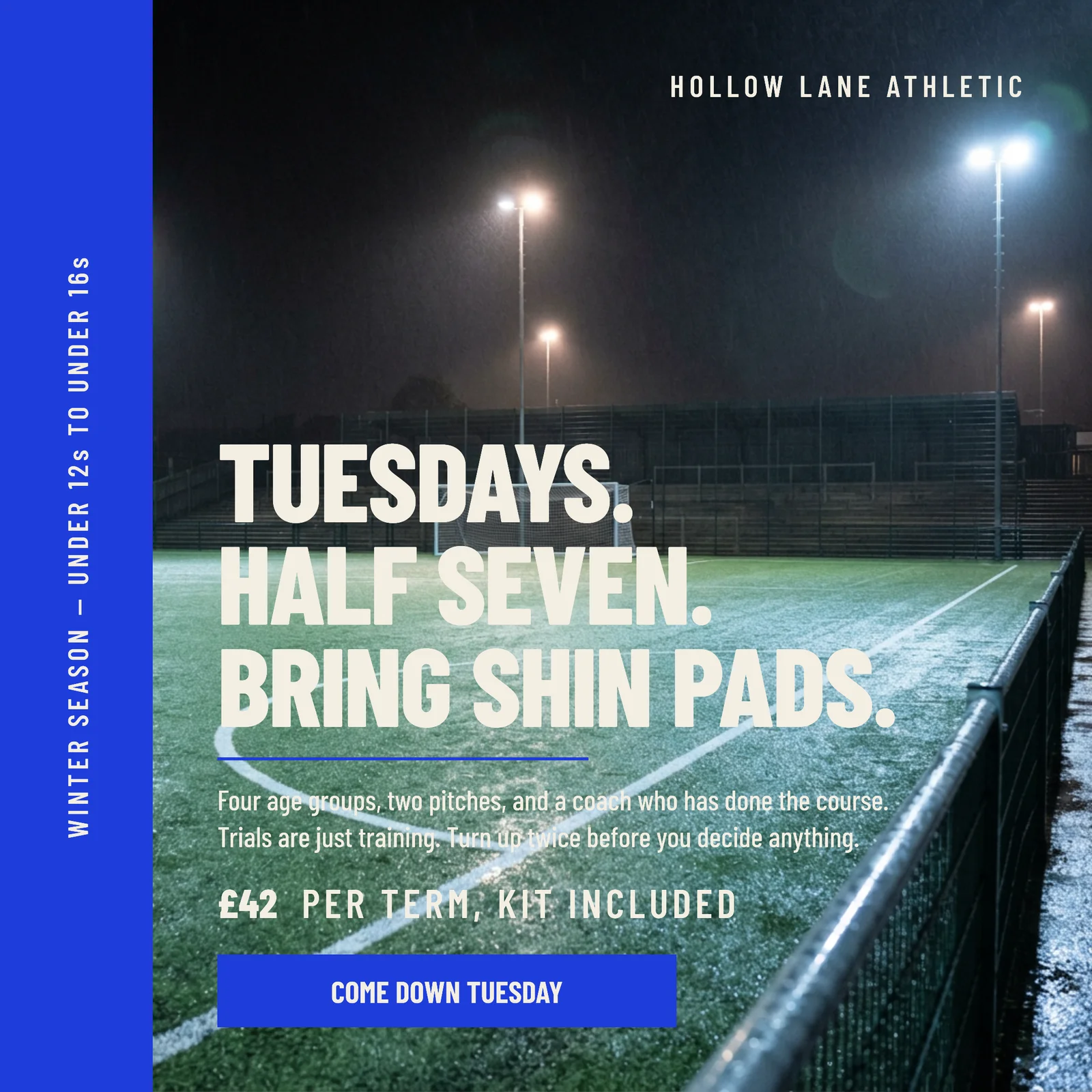 Cobalt Floodlit Pitch Junior Club Soccer Training Facebook Ad — 1:1 Facebook ad template