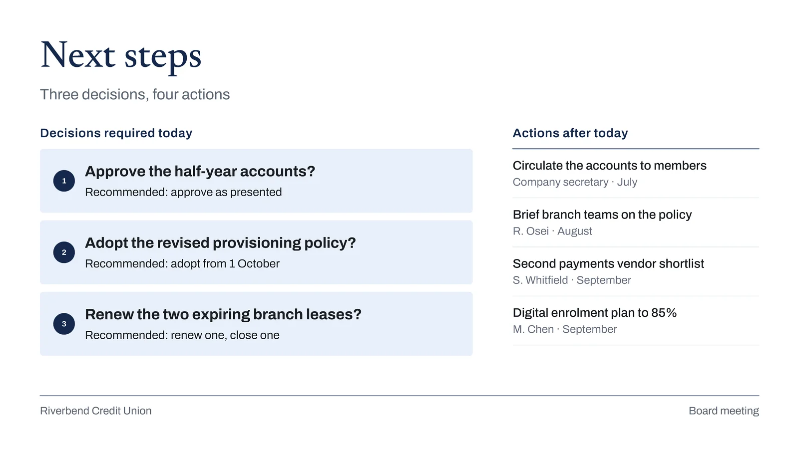 Decisions Required Next Steps Slide — 16:9 Slide template