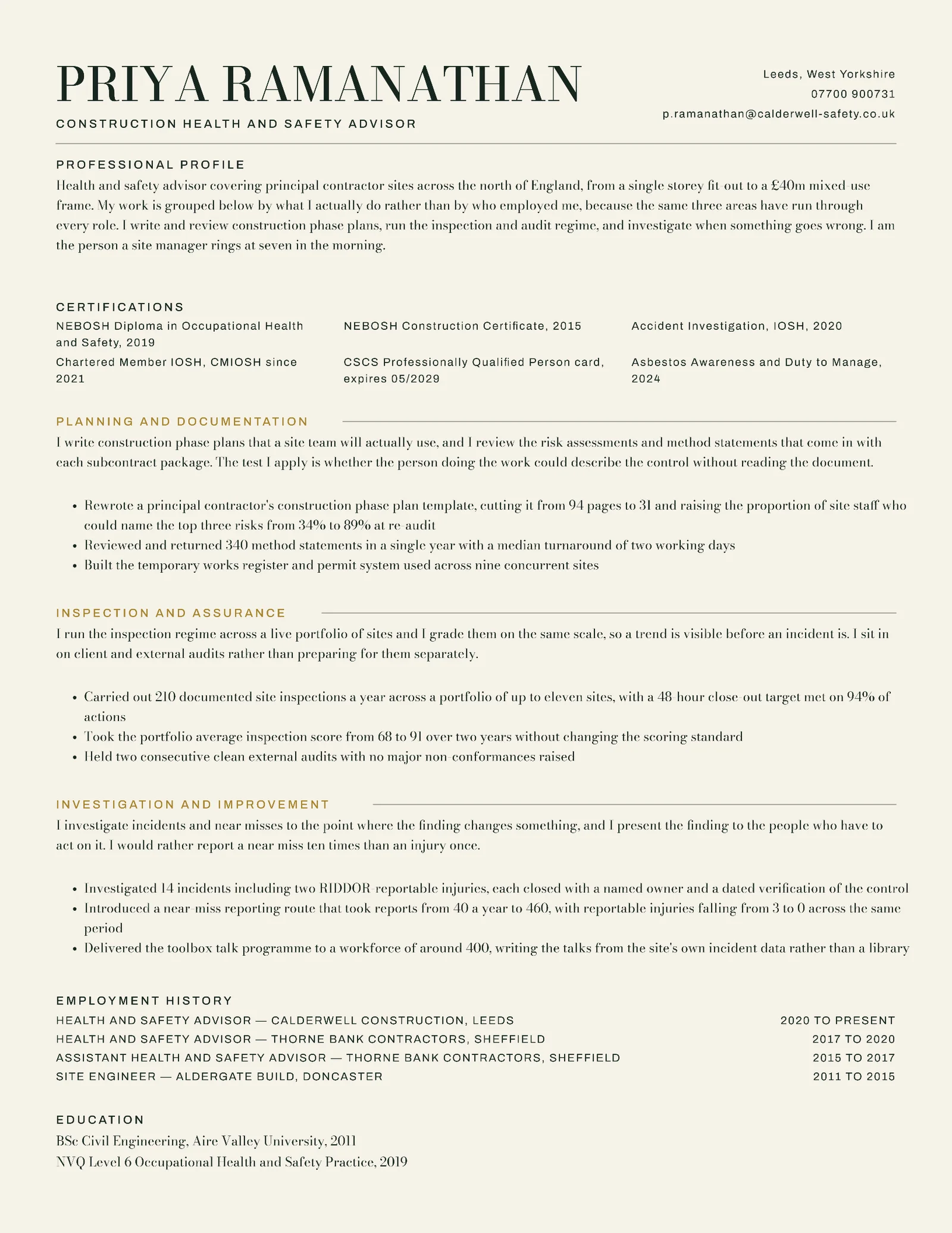 Construction Health and Safety Advisor Functional Resume — Letter Resume template