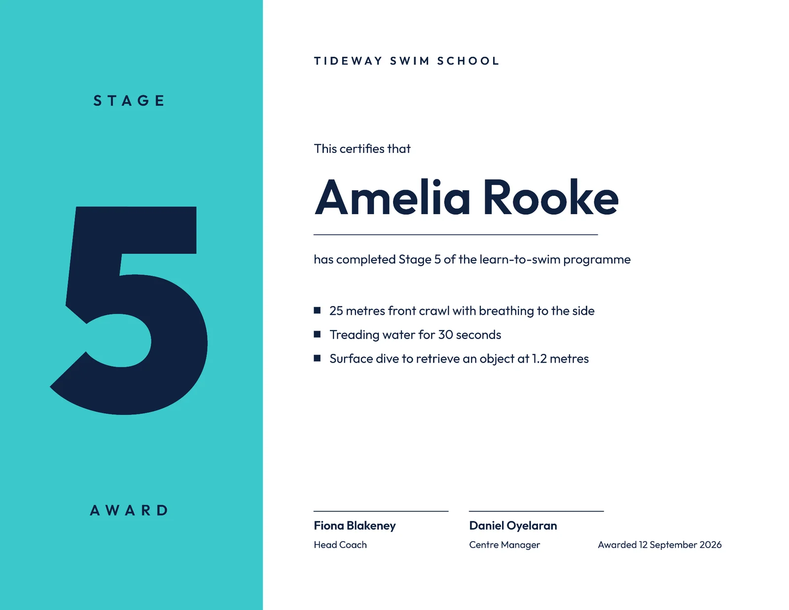 Aqua Swim Stage Award Certificate — Letter landscape Certificate template