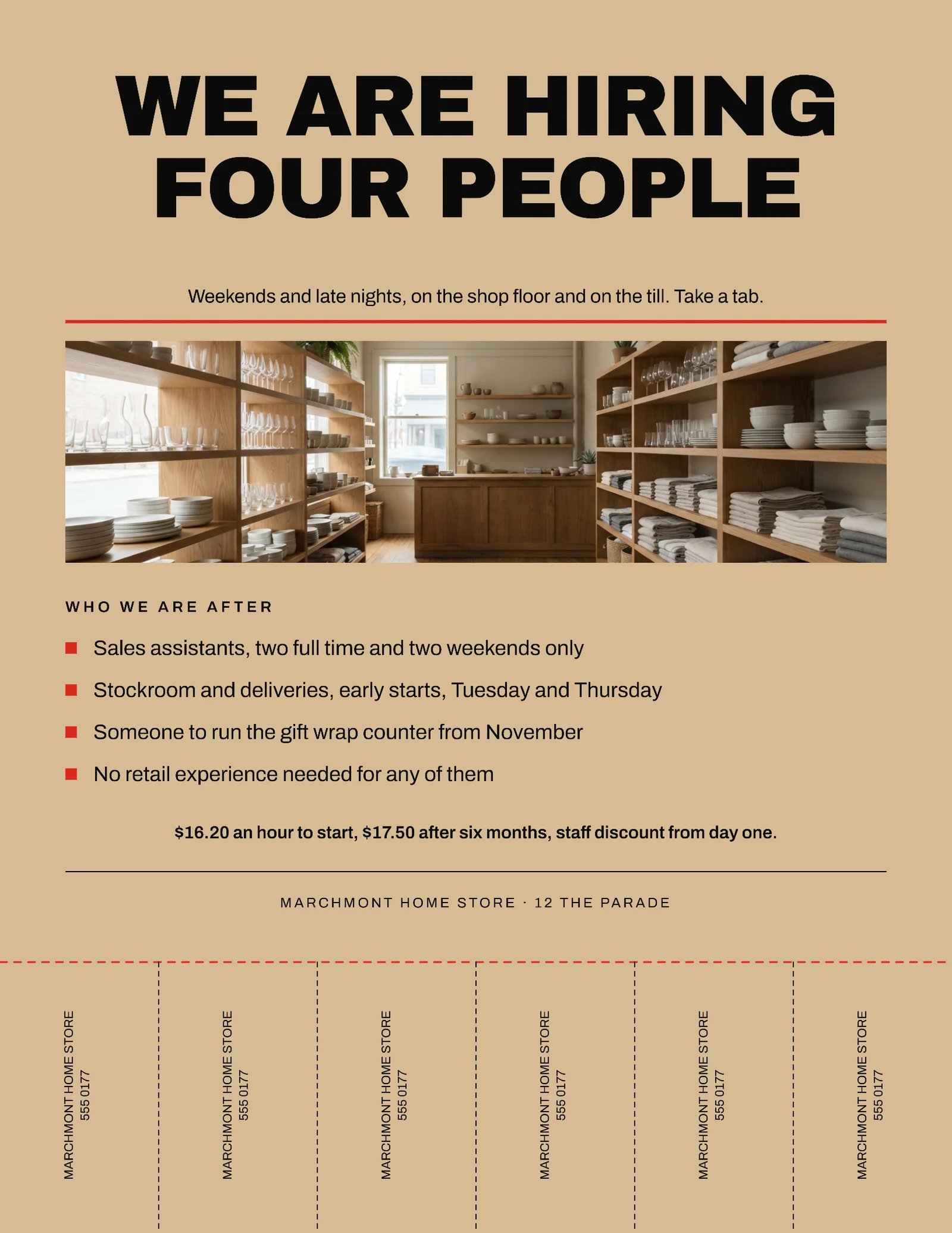 Kraft Tear Off Tabs Shop Floor Hiring Flyer — Letter Flyer template
