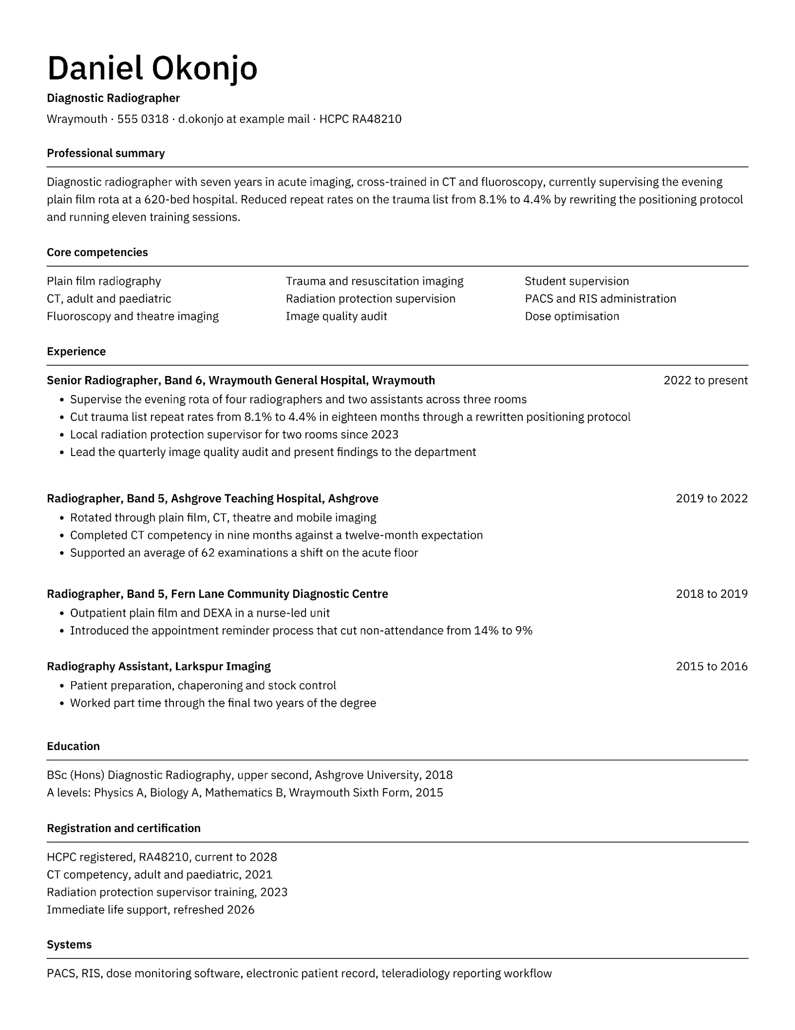 Plain Simple Diagnostic Radiographer Resume — Letter Resume template
