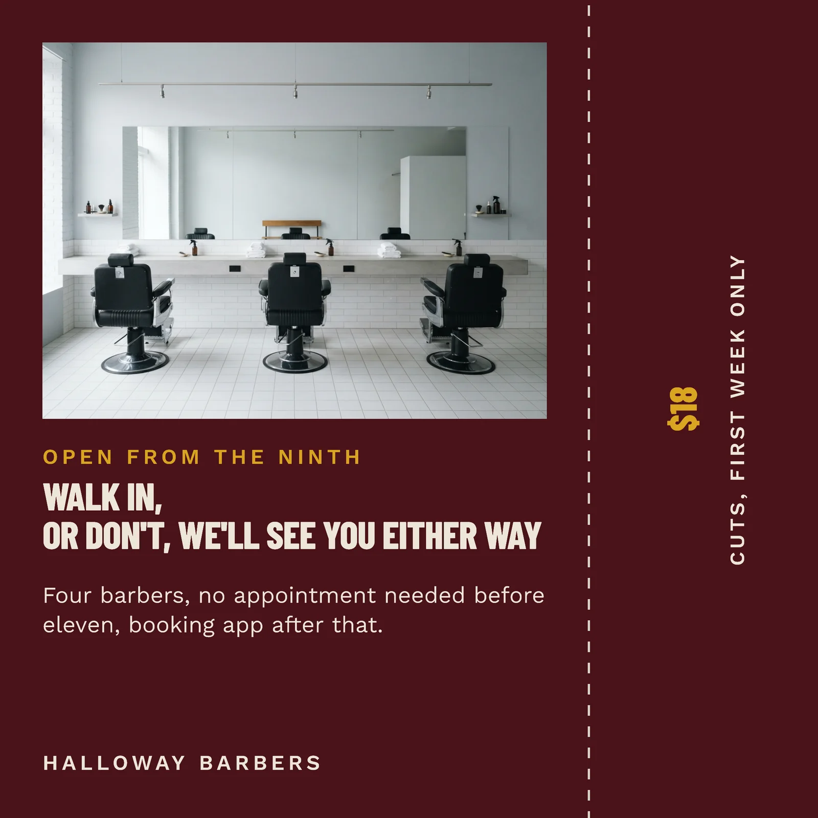 Opening Day Walk Ins Barbershop Instagram Ad — 1:1 Instagram ad template