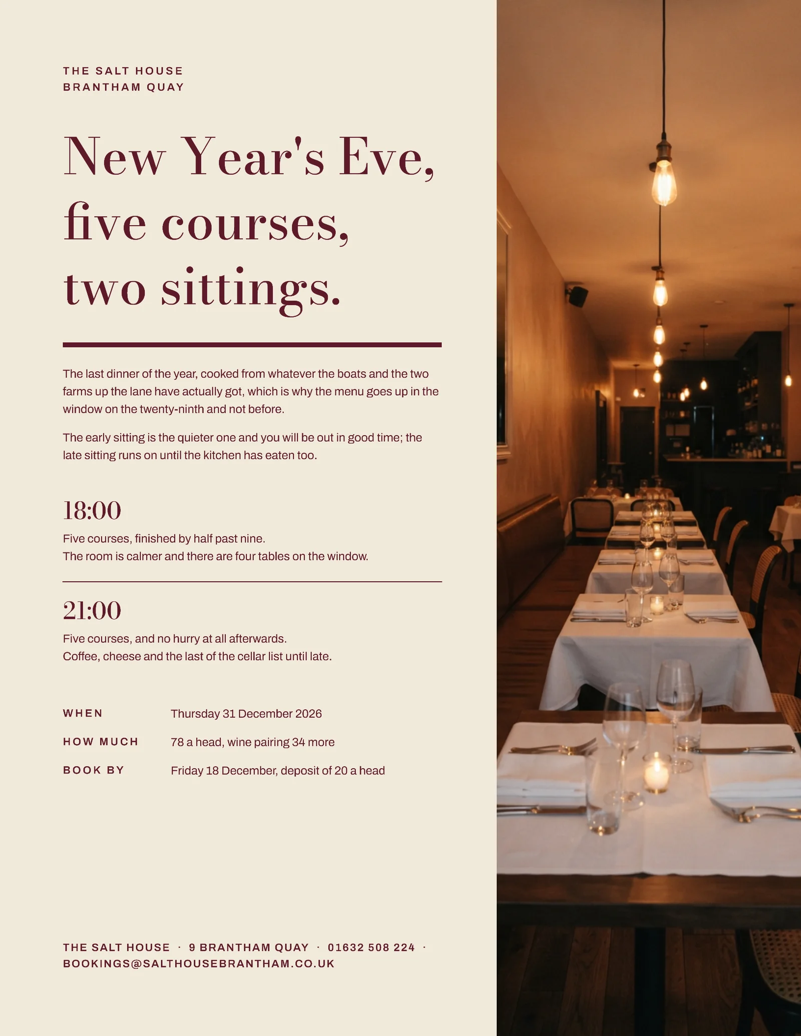 Claret Vertical Split Restaurant New Year Dinner Invitation — Letter Invitation template