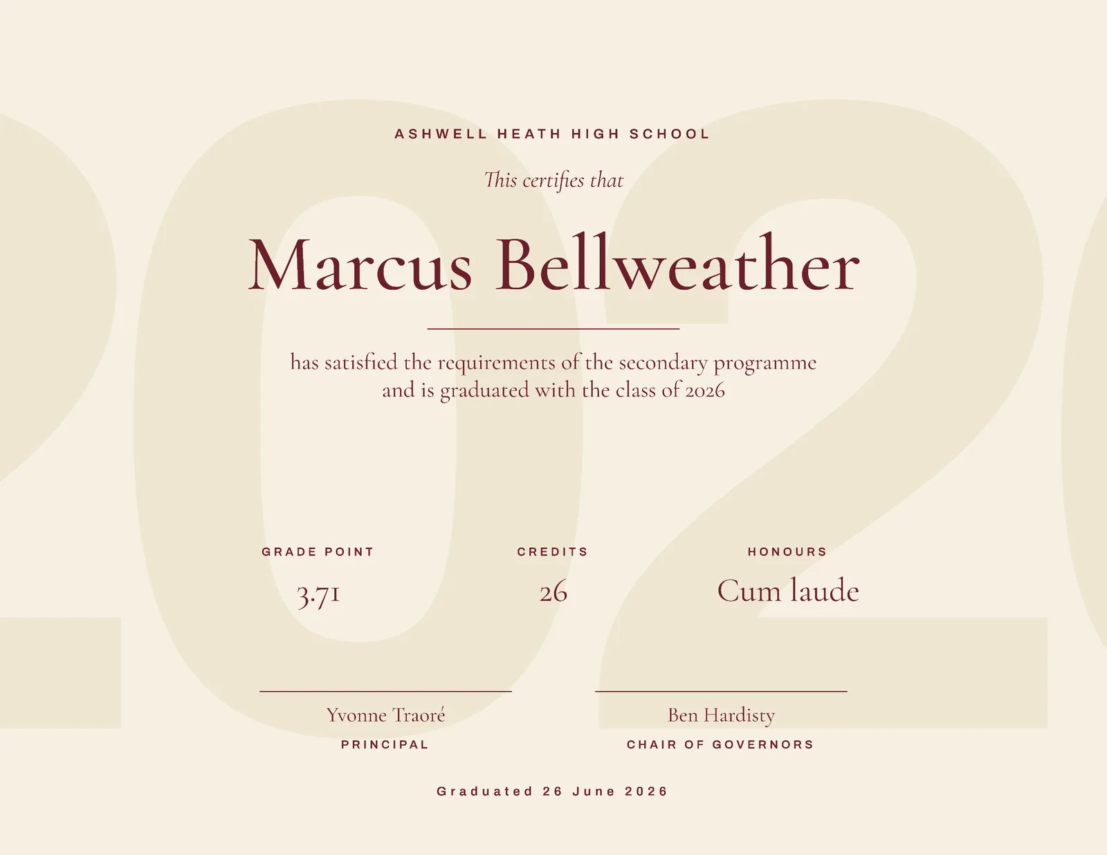 Maroon Year Numeral High School Graduation Certificate — Letter landscape Certificate template