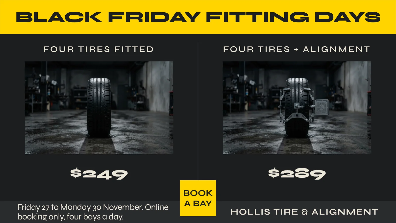 Graphite Yellow Bay Pair Tire Centre Black Friday YouTube Ad — 16:9 YouTube ad template