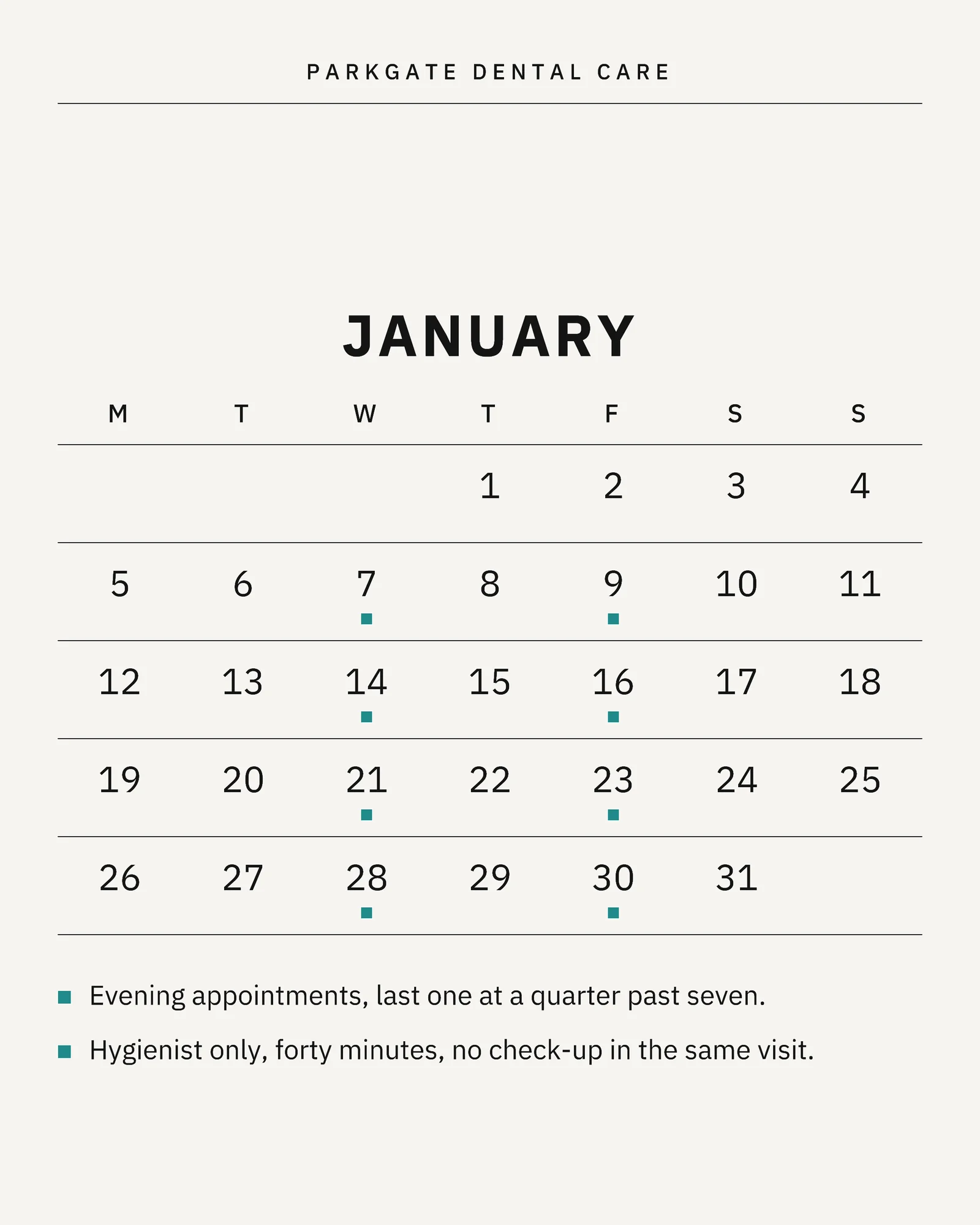Chalk Teal Calendar Grid Dental Practice Year Ahead Instagram Carousel — 4-panel Instagram carousel carousel template, page 2 of 4