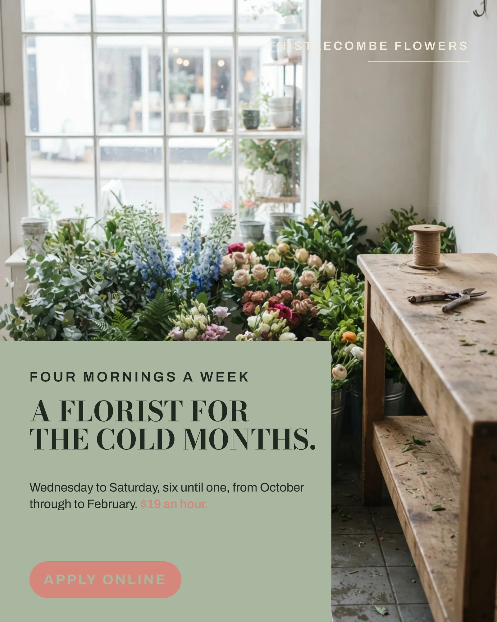 Sage Coral Corner Notch Flower Shop Cold Months Florist Hiring Facebook Ad — 4:5 Facebook ad template