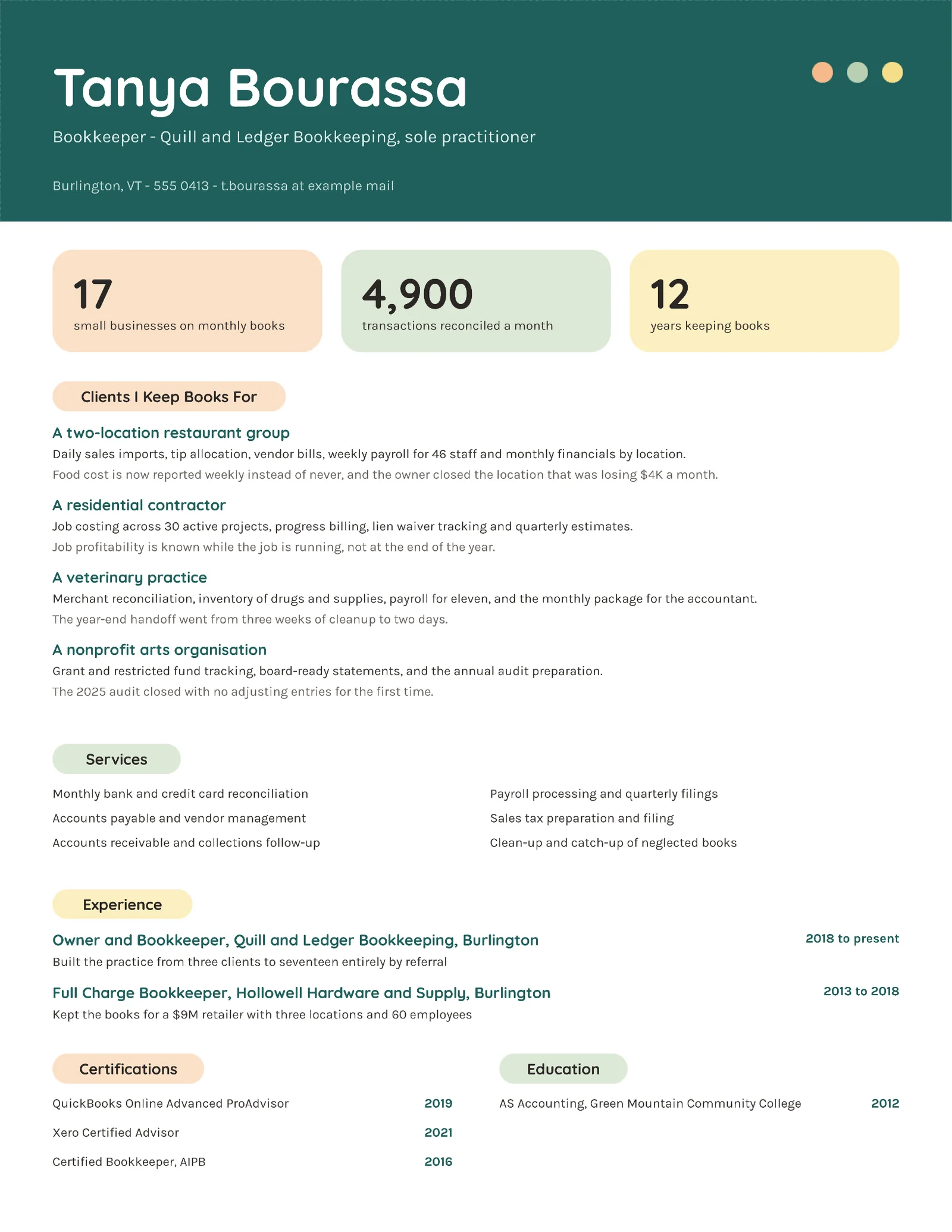 Bookkeeper Resume — Letter Resume template