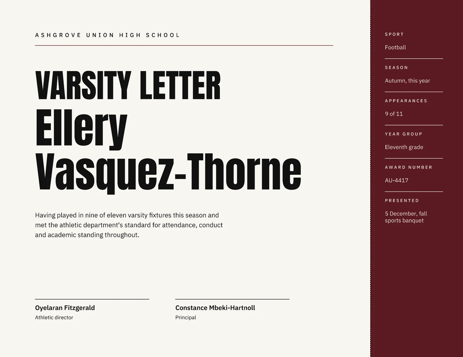 Chalk Oxblood Counterfoil High School Varsity Letter Certificate — Letter landscape Certificate template