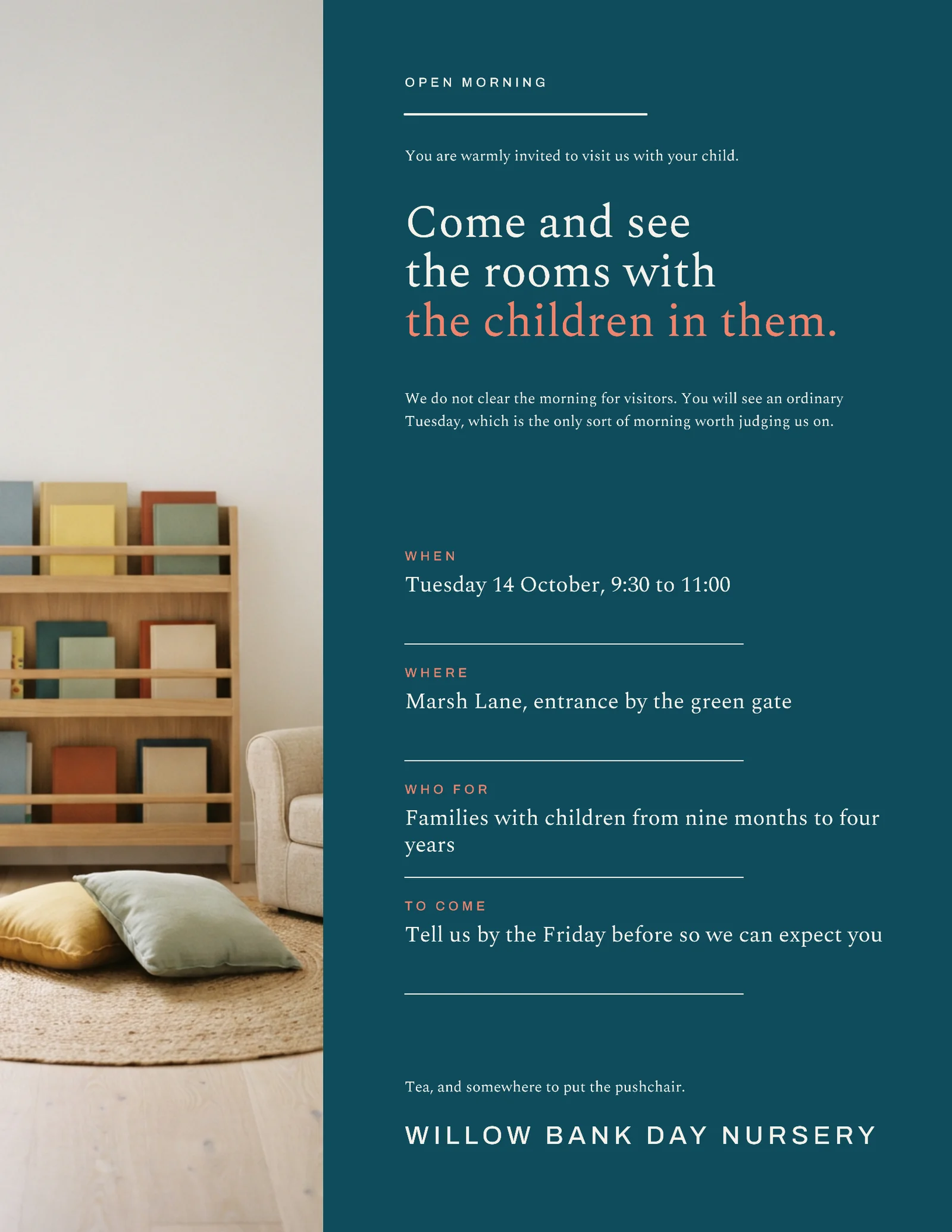 Teal Coral Split Column Nursery Open Morning Invitation — Letter Invitation template