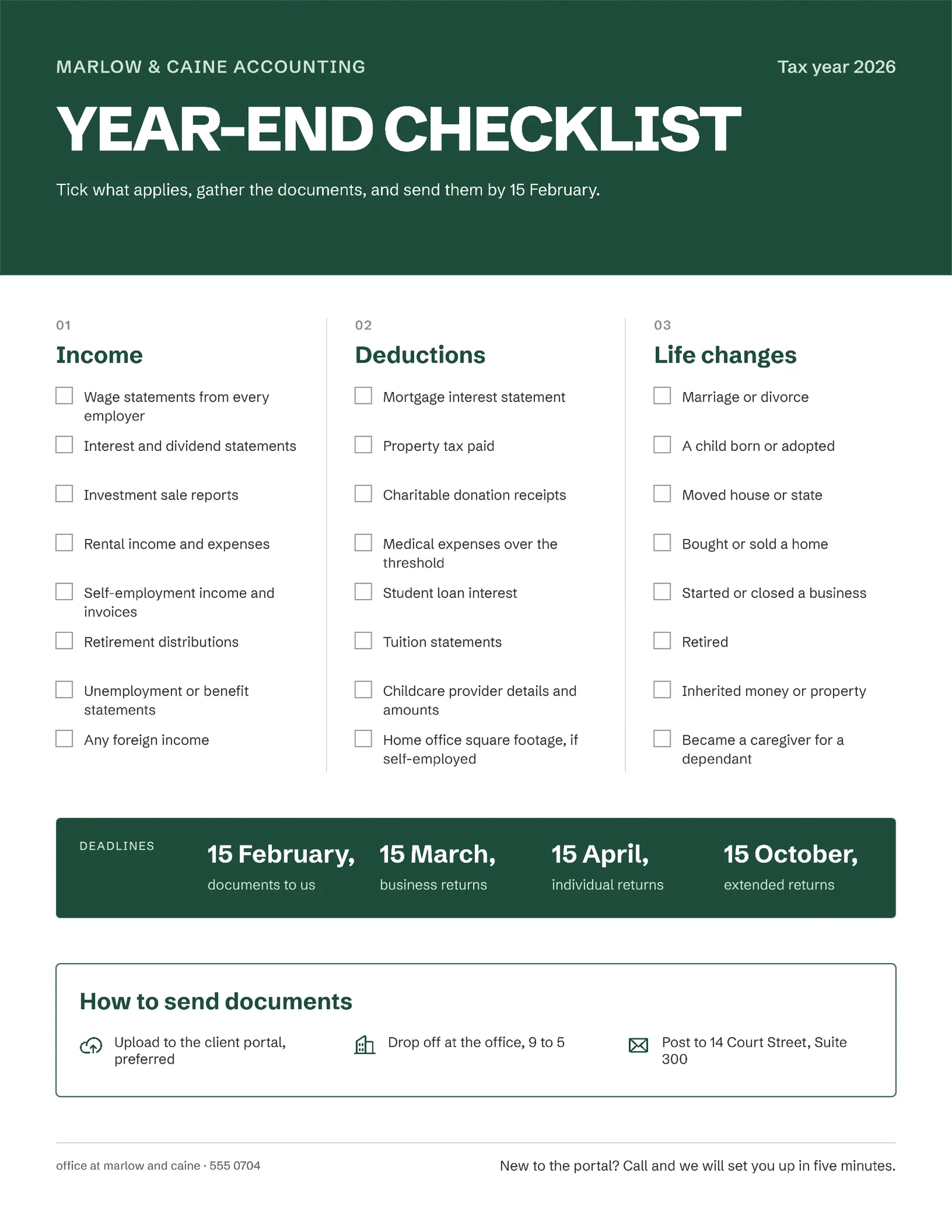 Checklist Columns Year-End Tax Sheet — 2-page One pager template, page 2 of 2