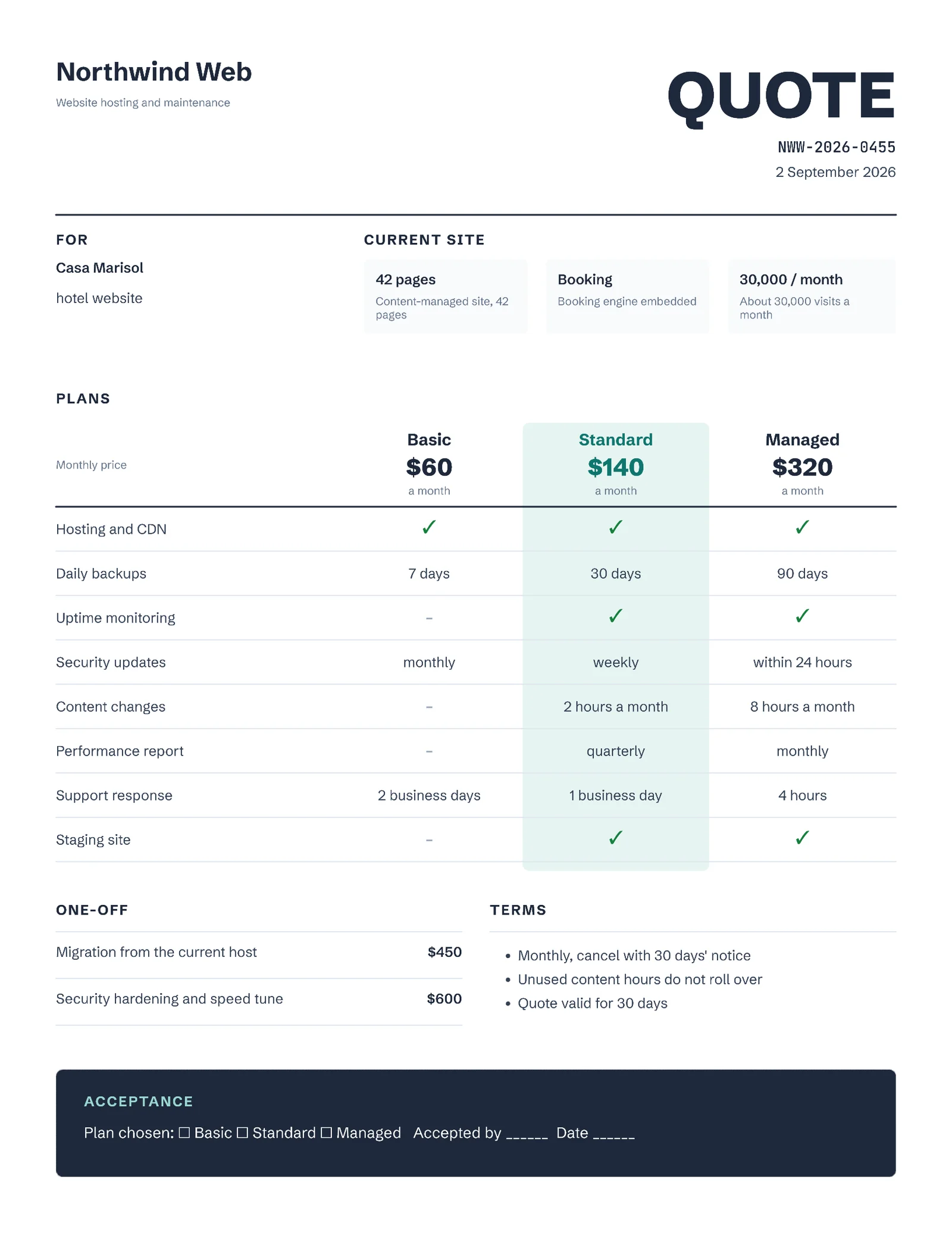 Technical Website Hosting and Maintenance Quote — 2-page Quote template, page 1 of 2