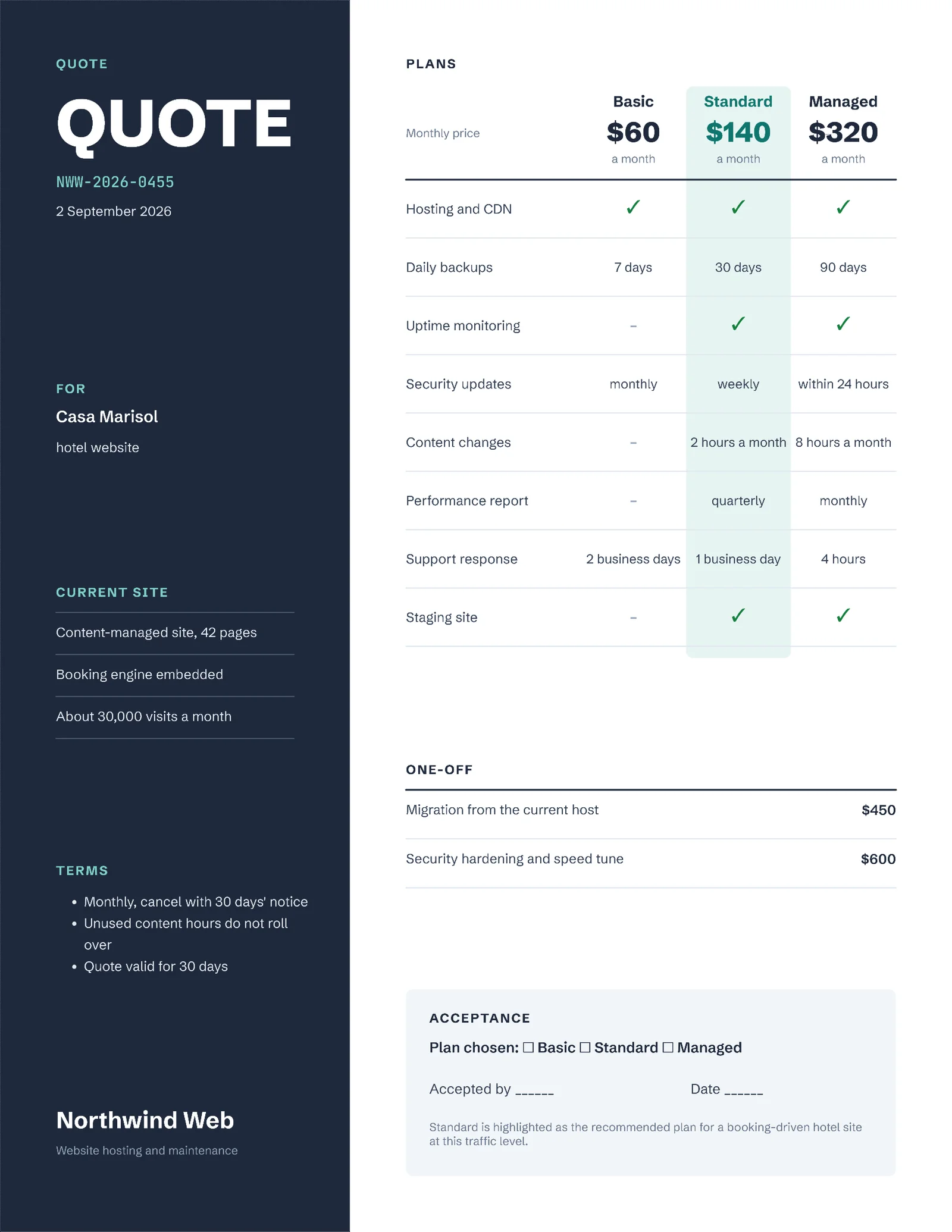 Technical Website Hosting and Maintenance Quote — 2-page Quote template, page 2 of 2