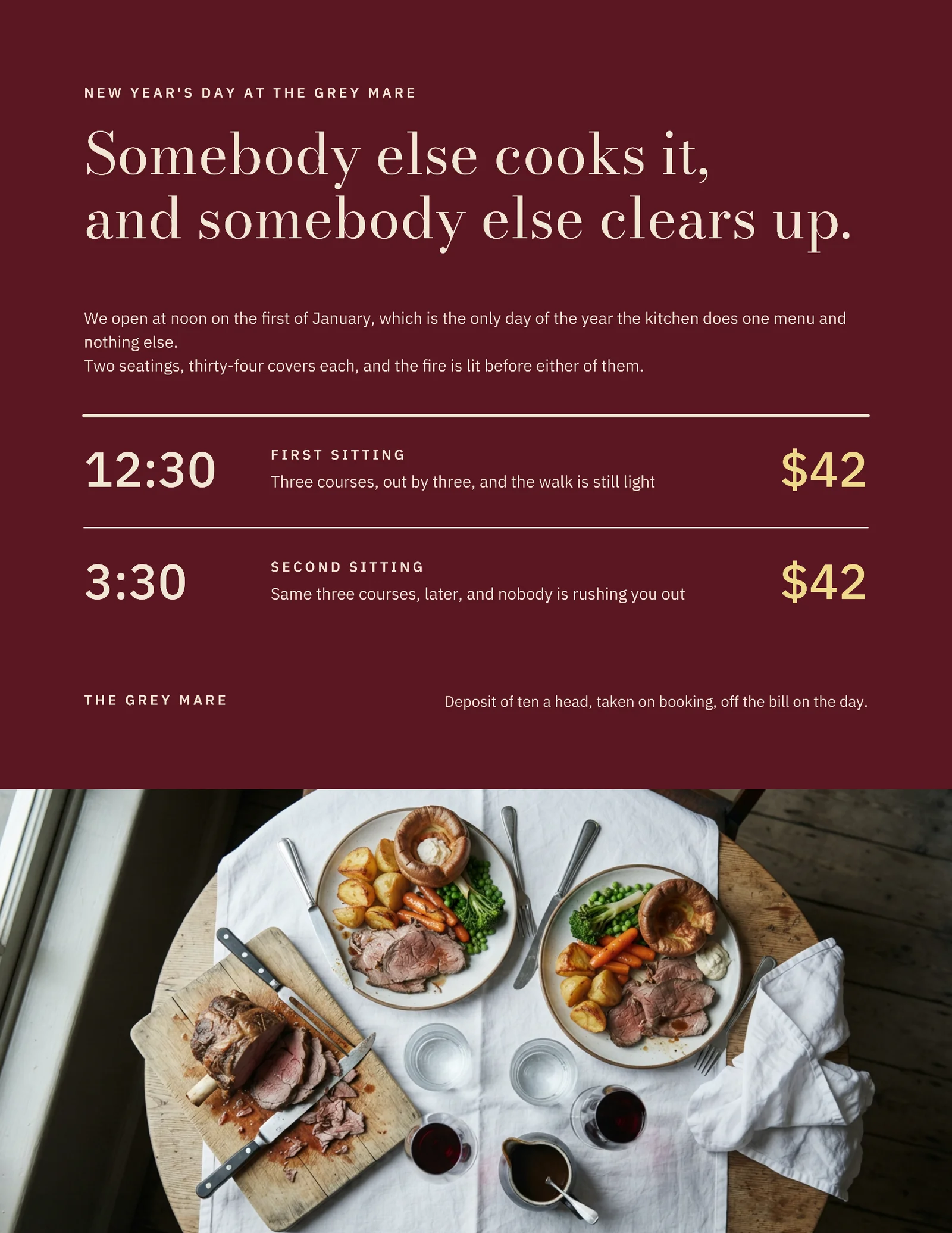 Claret Bottom Bleed Restaurant New Year Day Lunch Flyer — Letter Flyer template