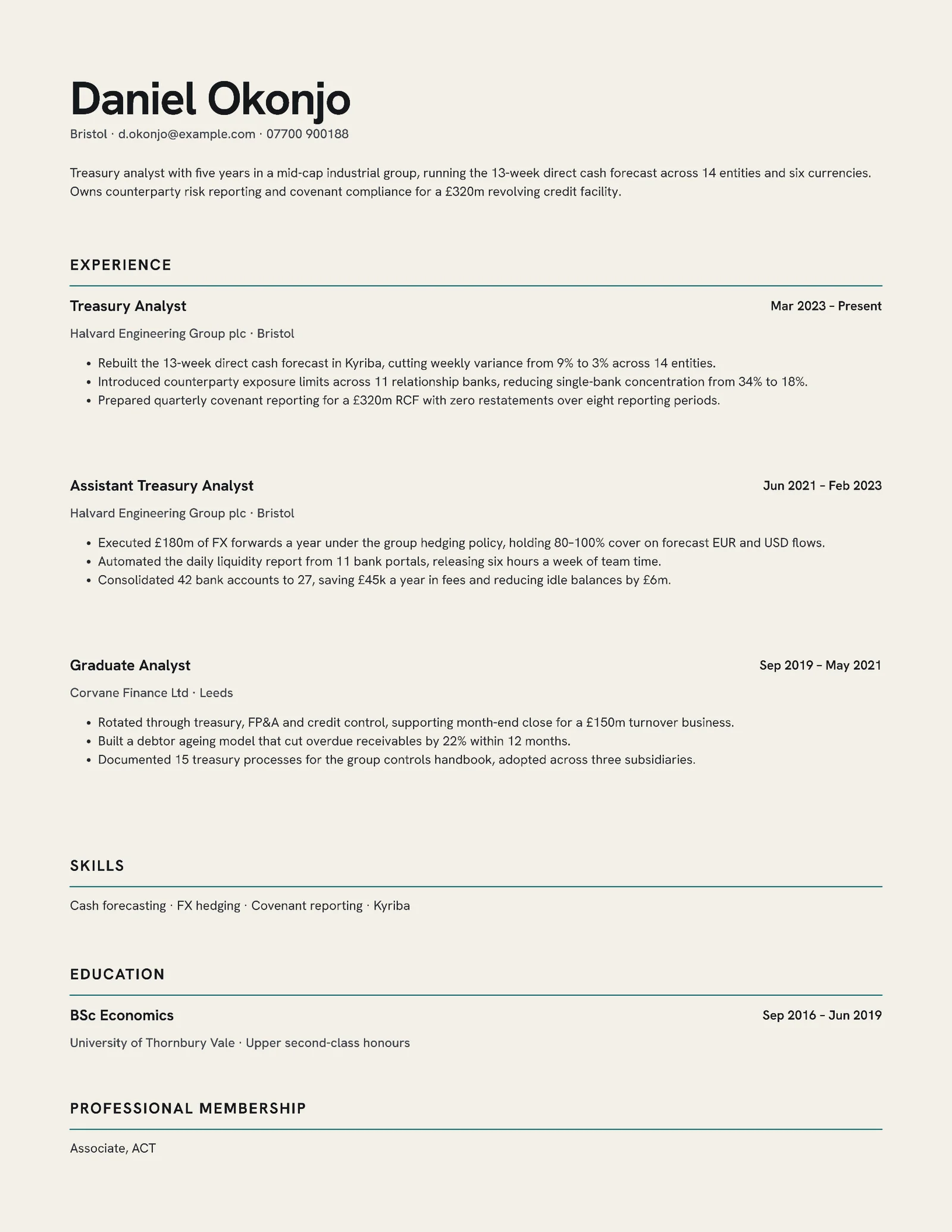 Treasury Analyst Resume — 2-page Resume template, page 1 of 2
