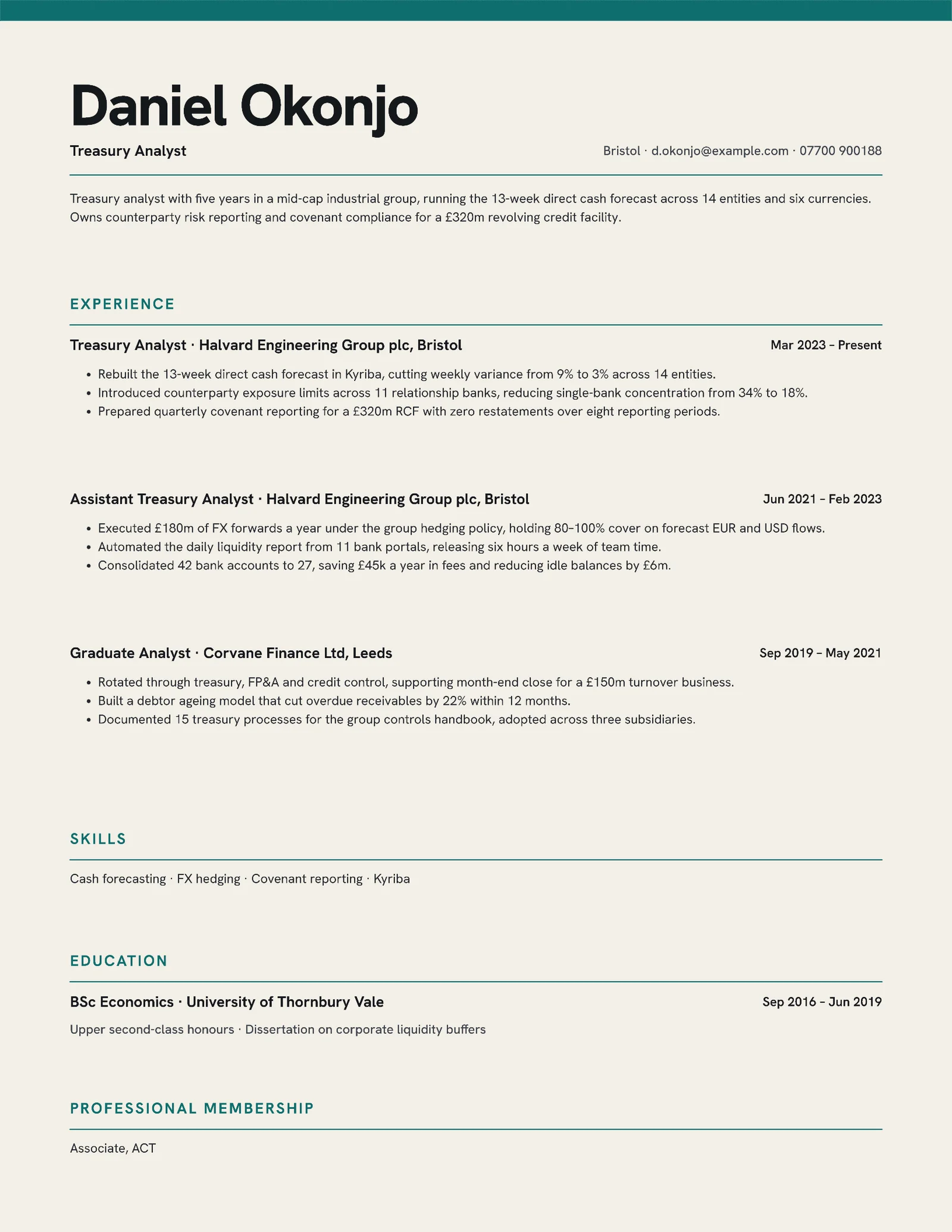 Treasury Analyst Resume — 2-page Resume template, page 2 of 2