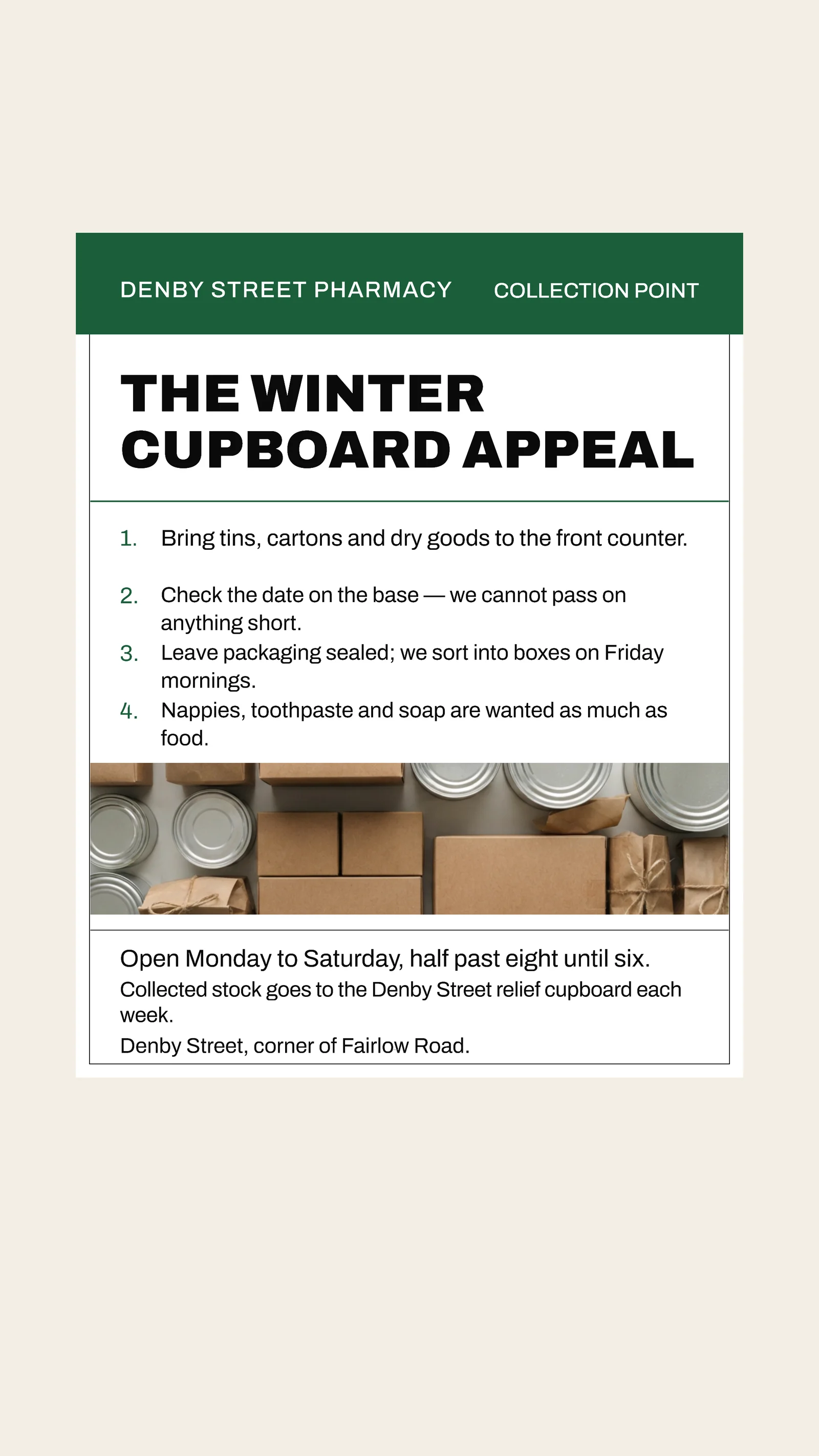 Dispensary Label Pharmacy Winter Cupboard Appeal Instagram Story — 9:16 Instagram story template