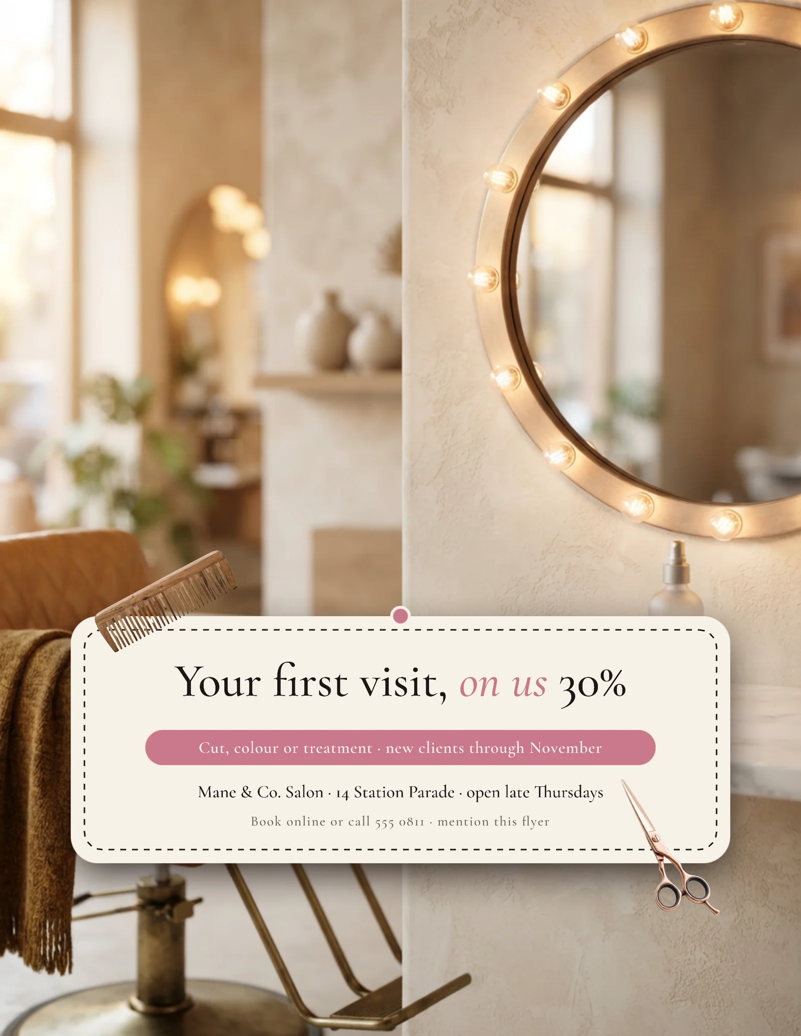 Photo Coupon Card Salon New Client Offer Flyer — Letter Flyer template