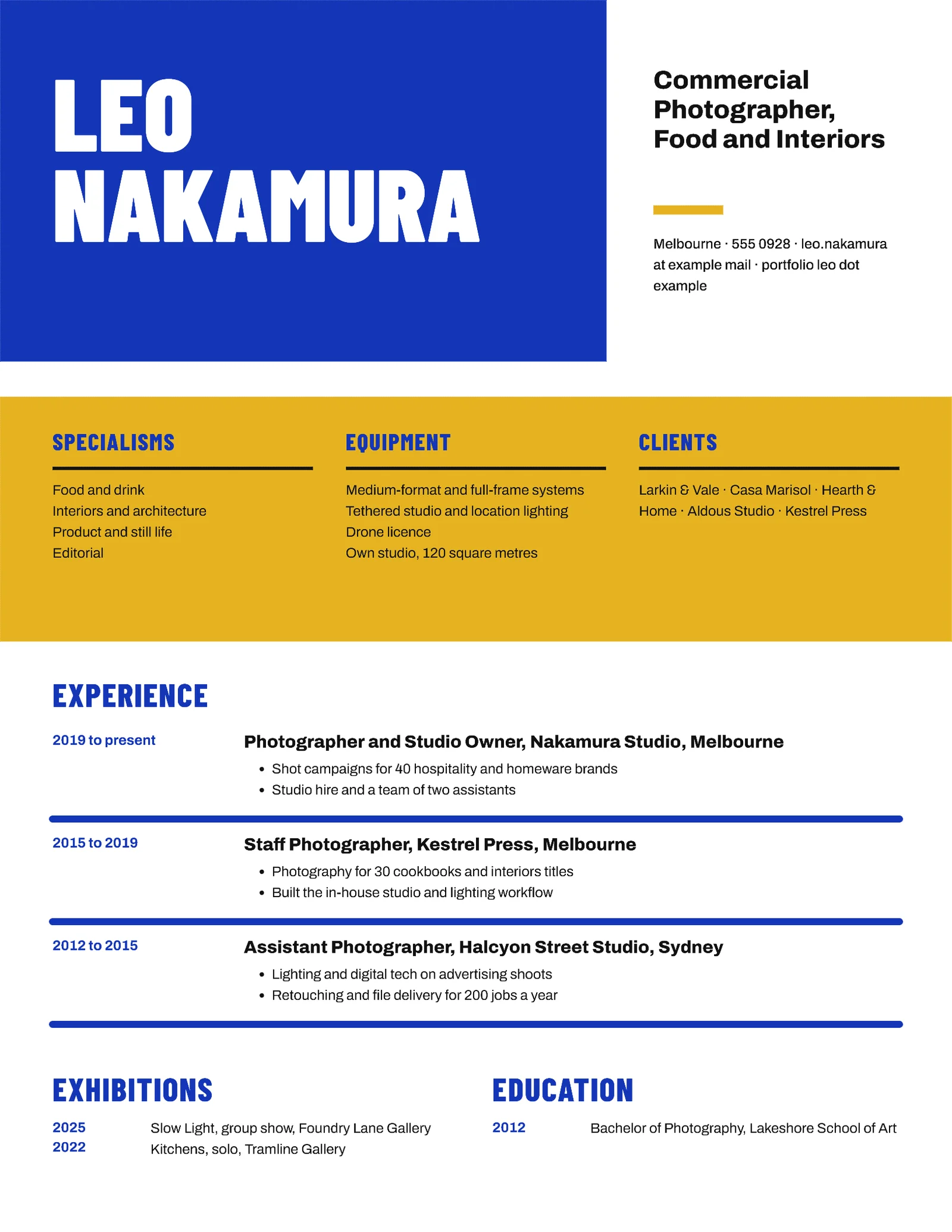 Creative Colour Blocks Photographer Résumé — 2-page Resume template, page 1 of 2