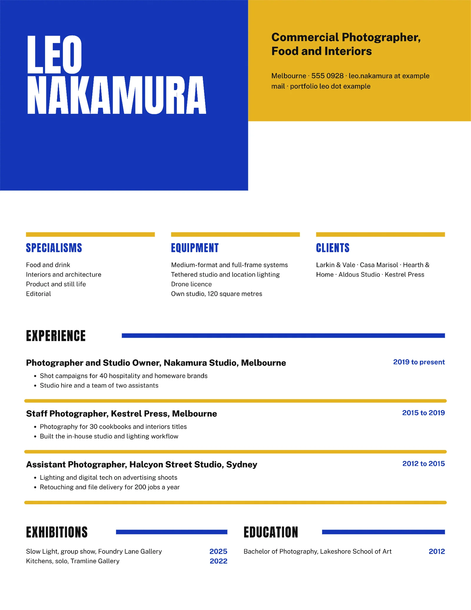 Creative Colour Blocks Photographer Résumé — 2-page Resume template, page 2 of 2