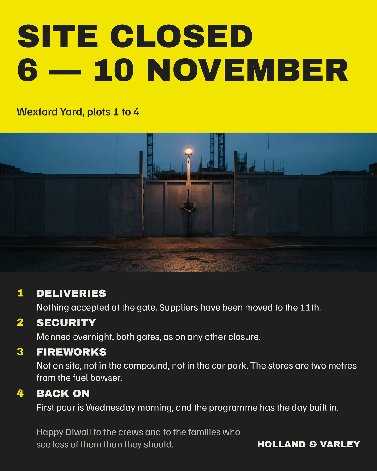 Charcoal Hi-Vis Hazard Band Construction Diwali Site Closure Post — 4:5 LinkedIn post template