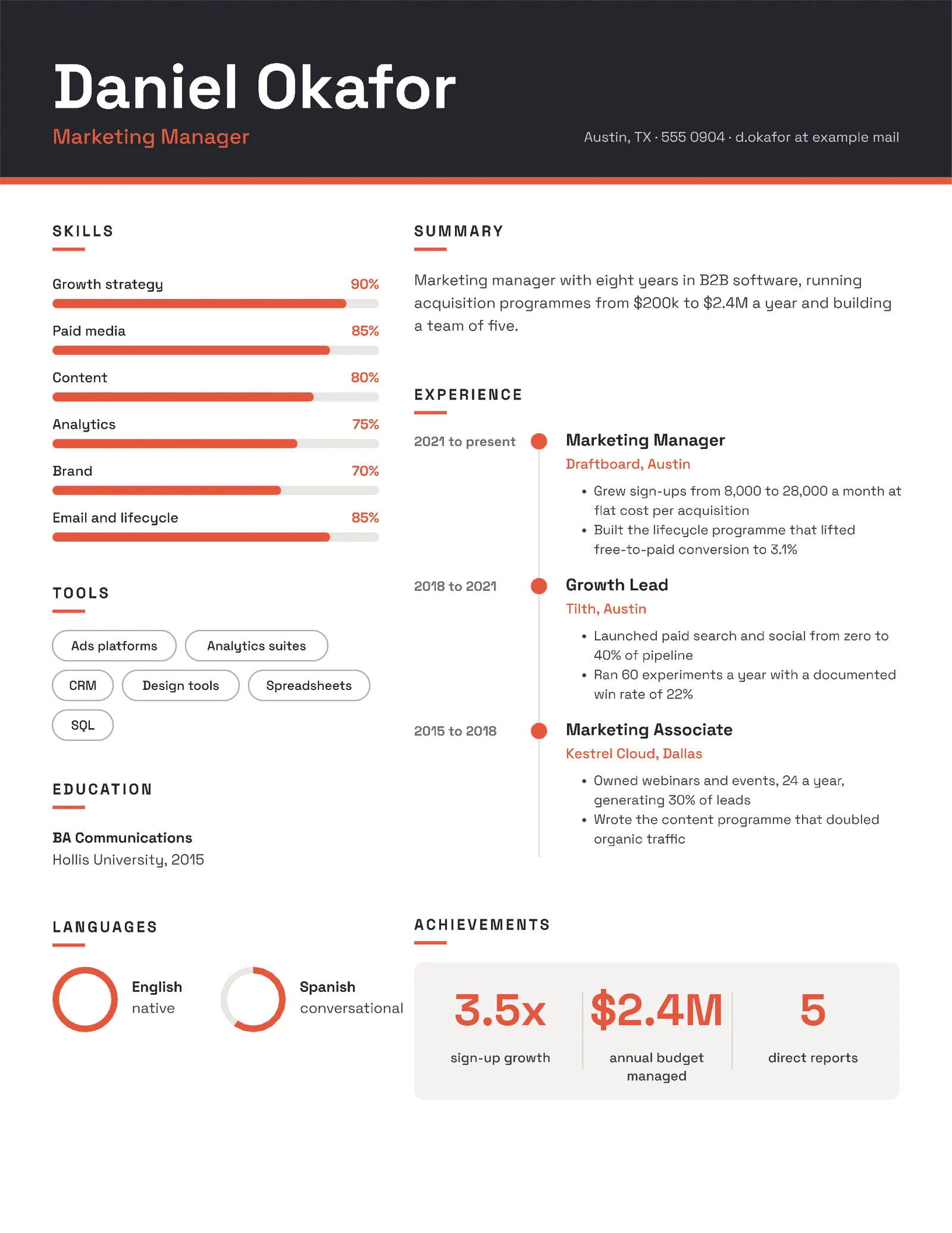 Infographic Skill Bars Marketing Manager Résumé — Letter Resume template