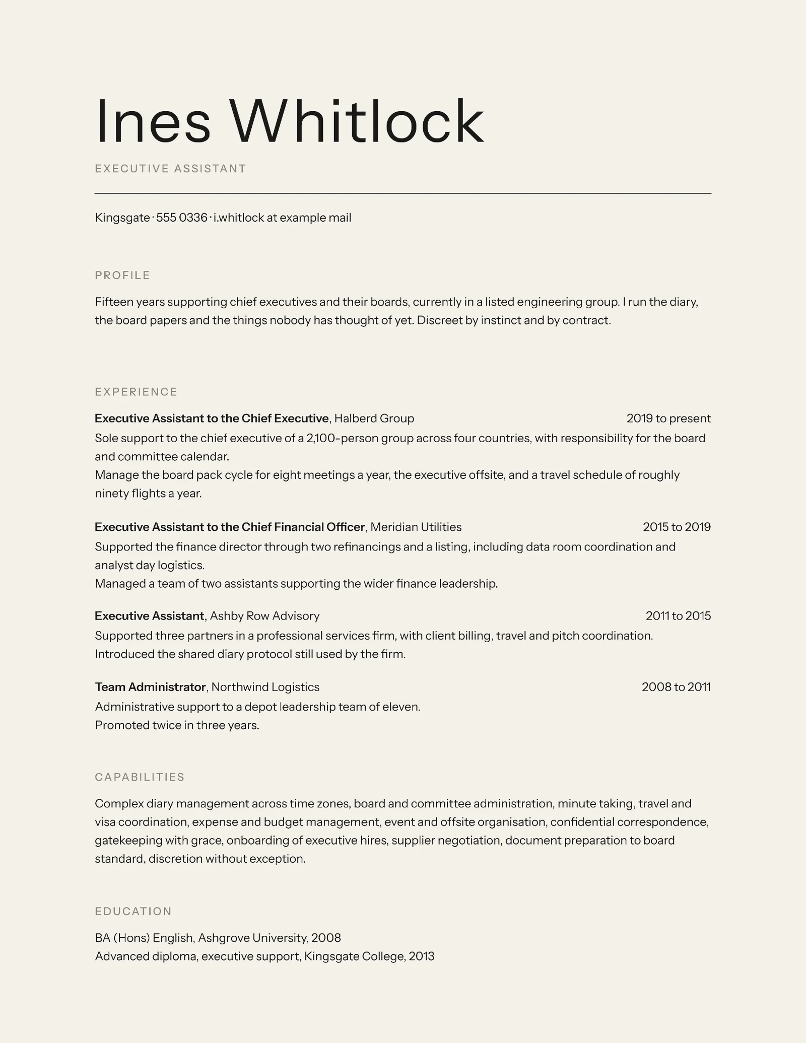 Bone Minimalist Executive Assistant Resume — Letter Resume template