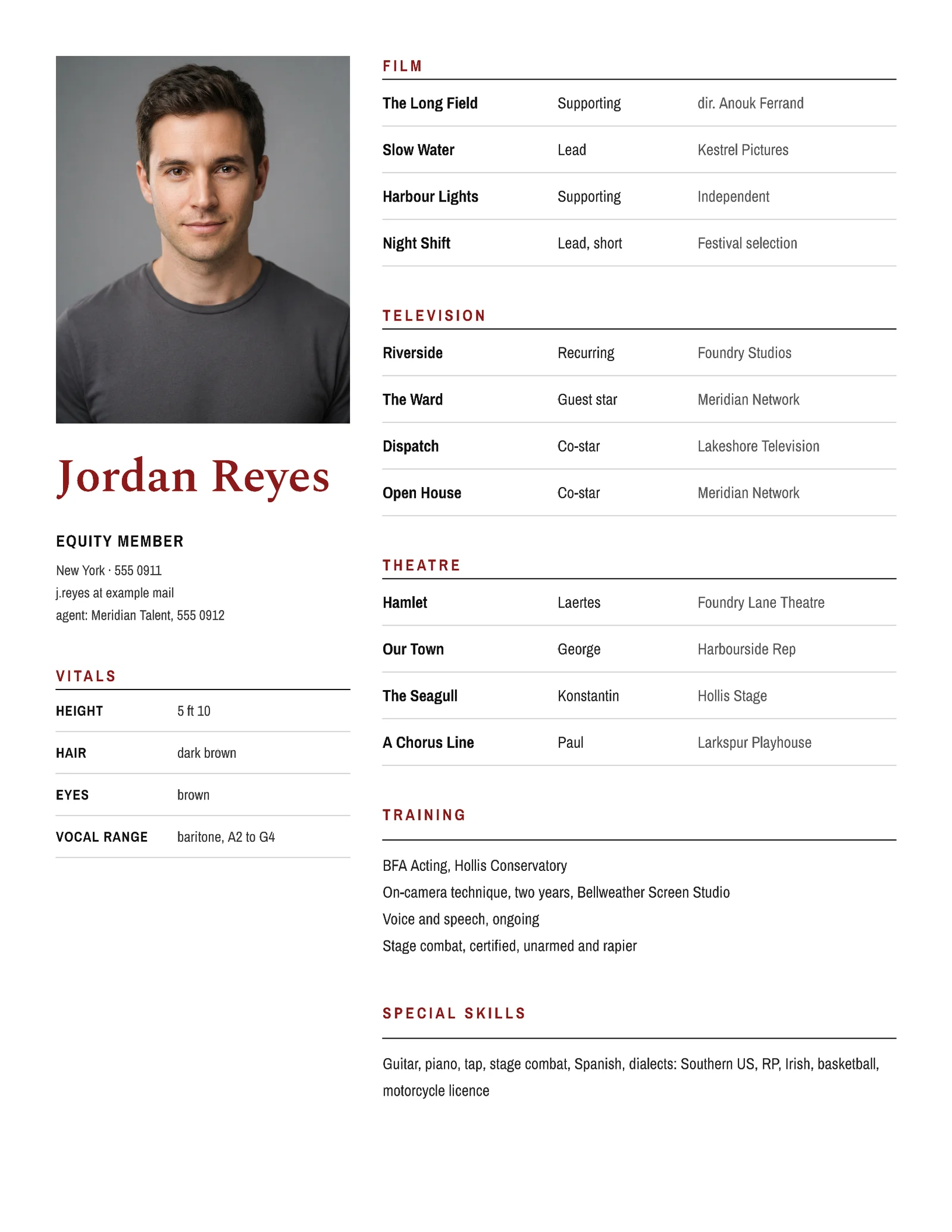 Acting Headshot Credits Actor Résumé — 2-page Resume template, page 1 of 2