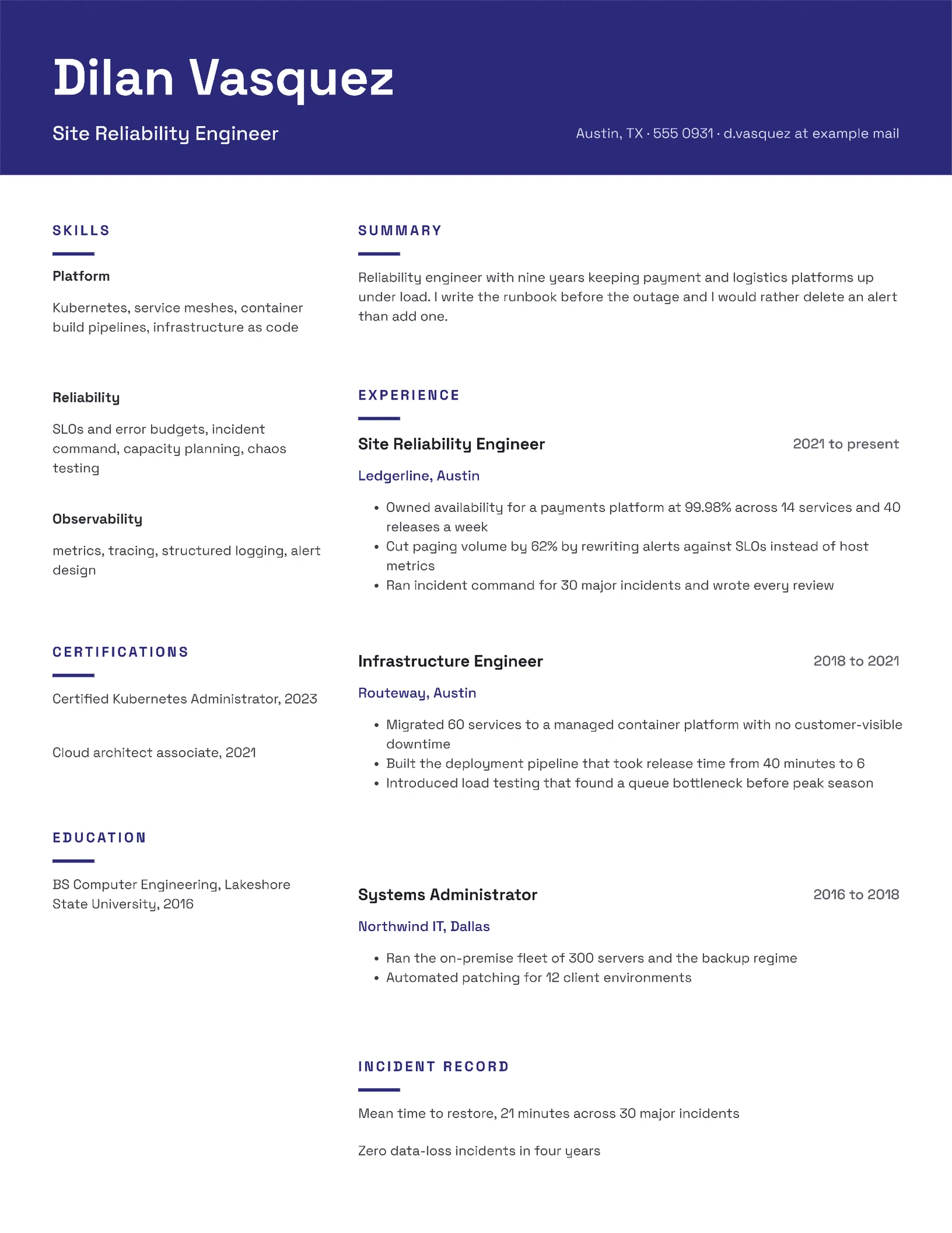 Indigo Modern Site Reliability Engineer Resume — 2-page Resume template, page 1 of 2
